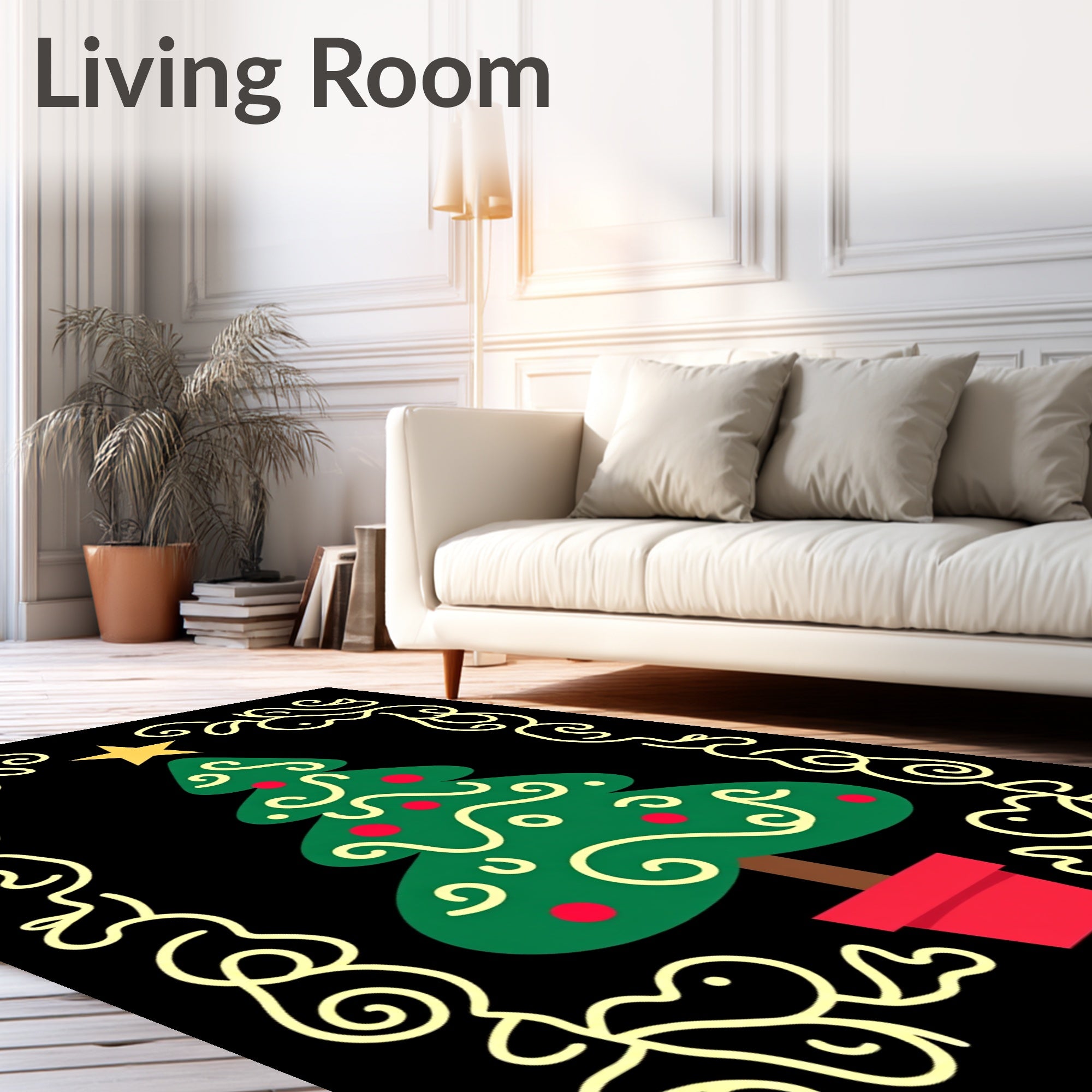 Festive Green Christmas Tree Floral Border Rug