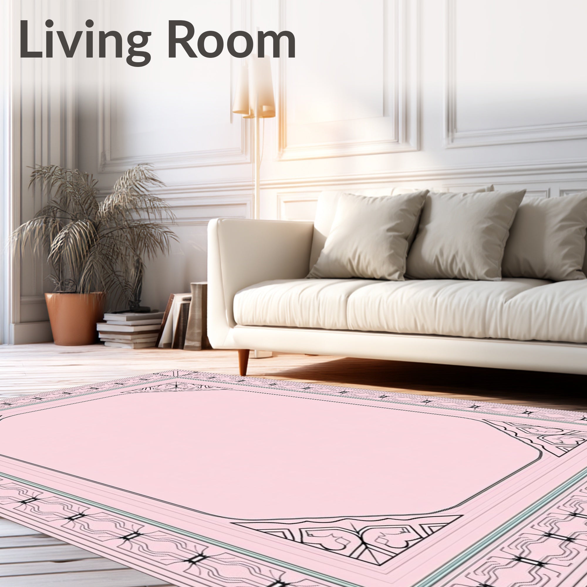 Pale Pink Ornamental Geometric Border Rug