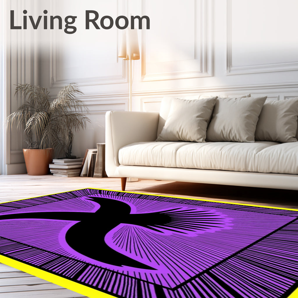 Vibrant Purple Bird Burst Yellow Frame Rug