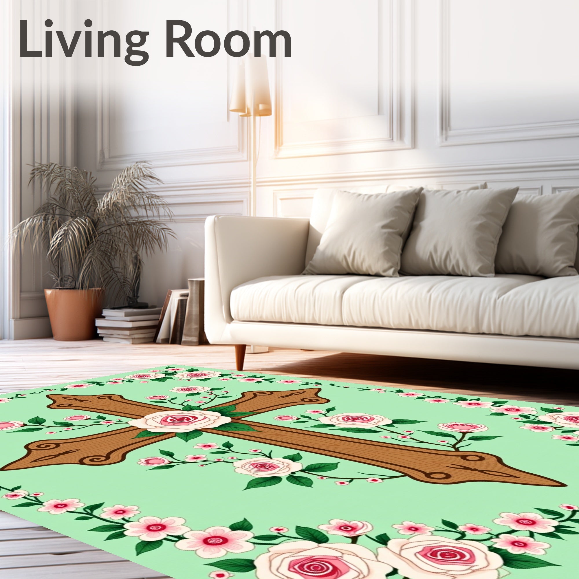 Rose Floral Cross with Wood Texture Rug