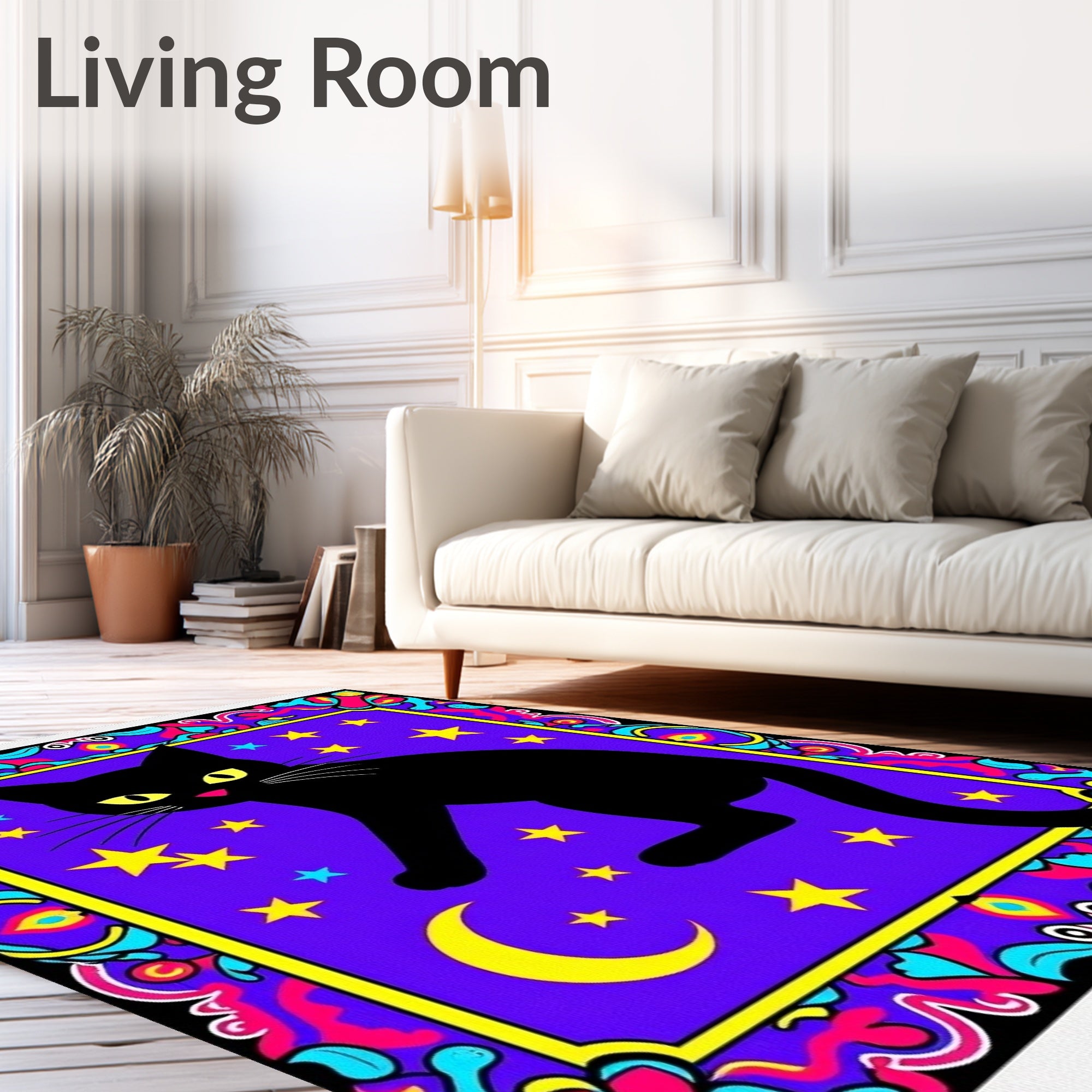 Black Cat Starry Night Border Rug