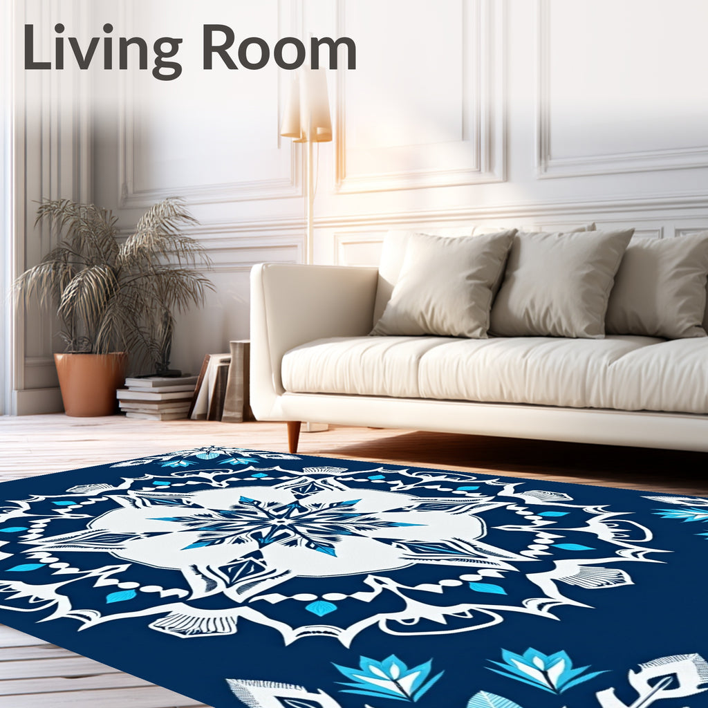 Midnight Blue White Mandala Flower Art Rug