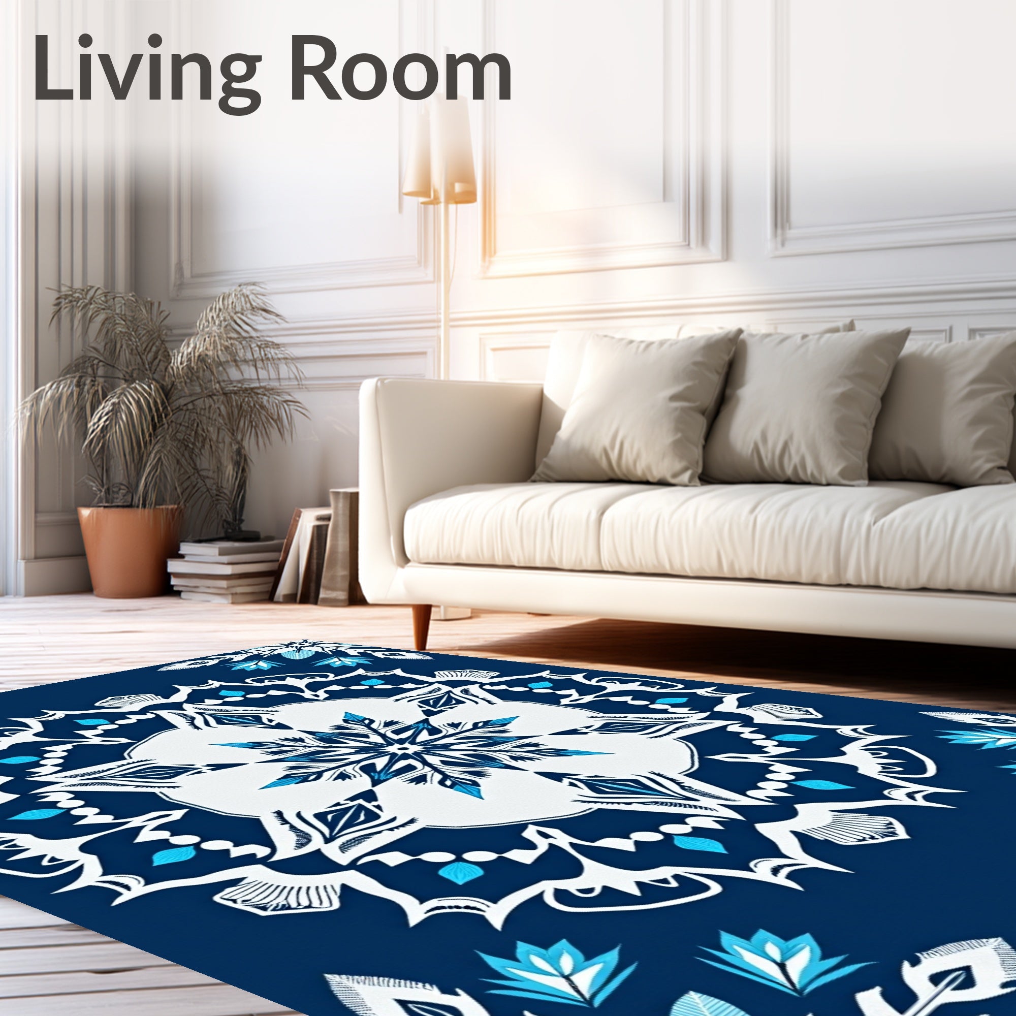 Midnight Blue White Mandala Flower Art Rug