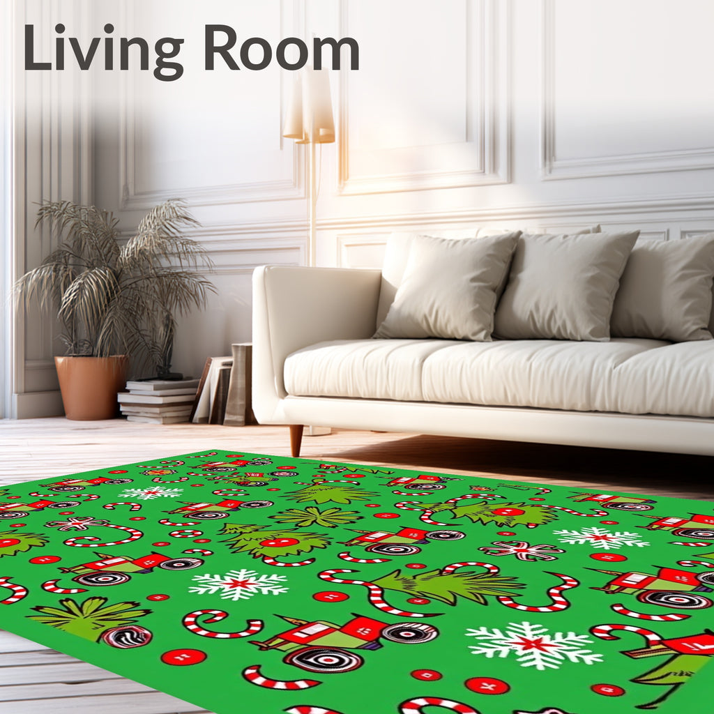 Whimsical Green Red Tractor Holiday Rug
