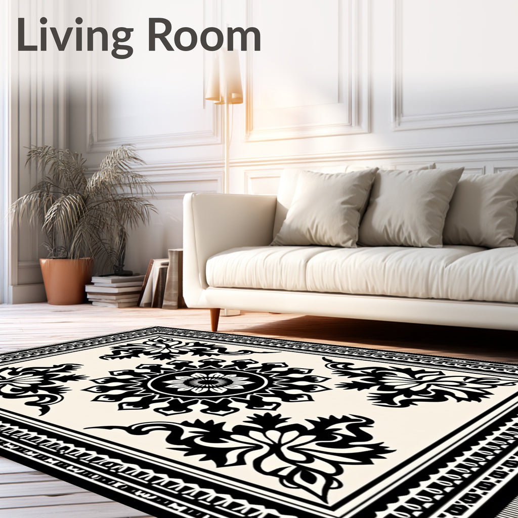 Black Cream Floral Medallion Border Rug