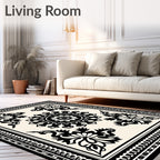 Black Cream Floral Medallion Border Rug
