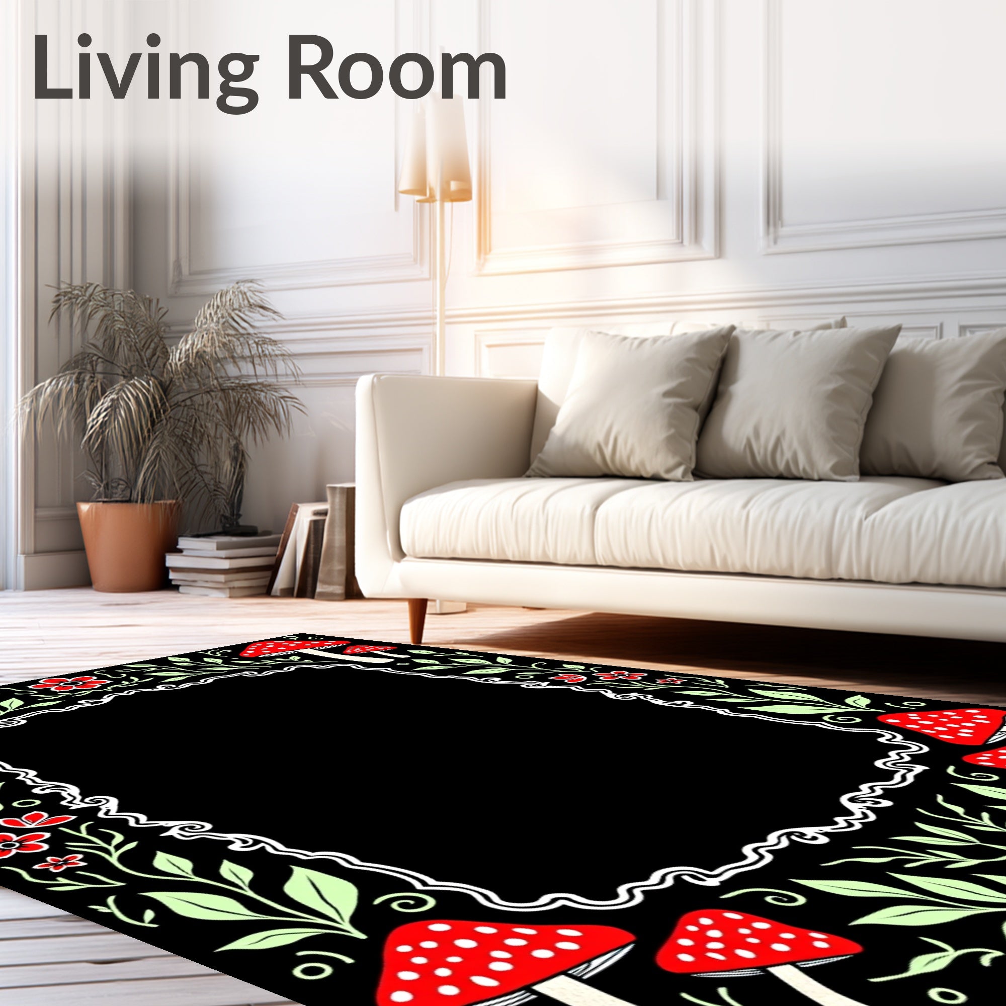 Whimsical Red Mushroom Foliage Border Rug