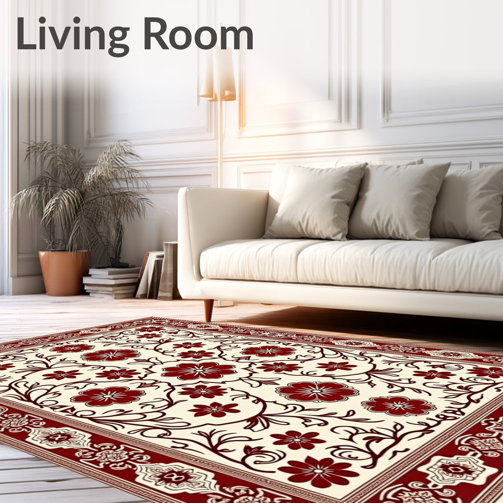 Crimson Floral Scrolling Vine Border Rug