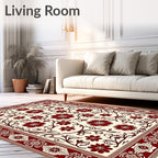 Crimson Floral Scrolling Vine Border Rug