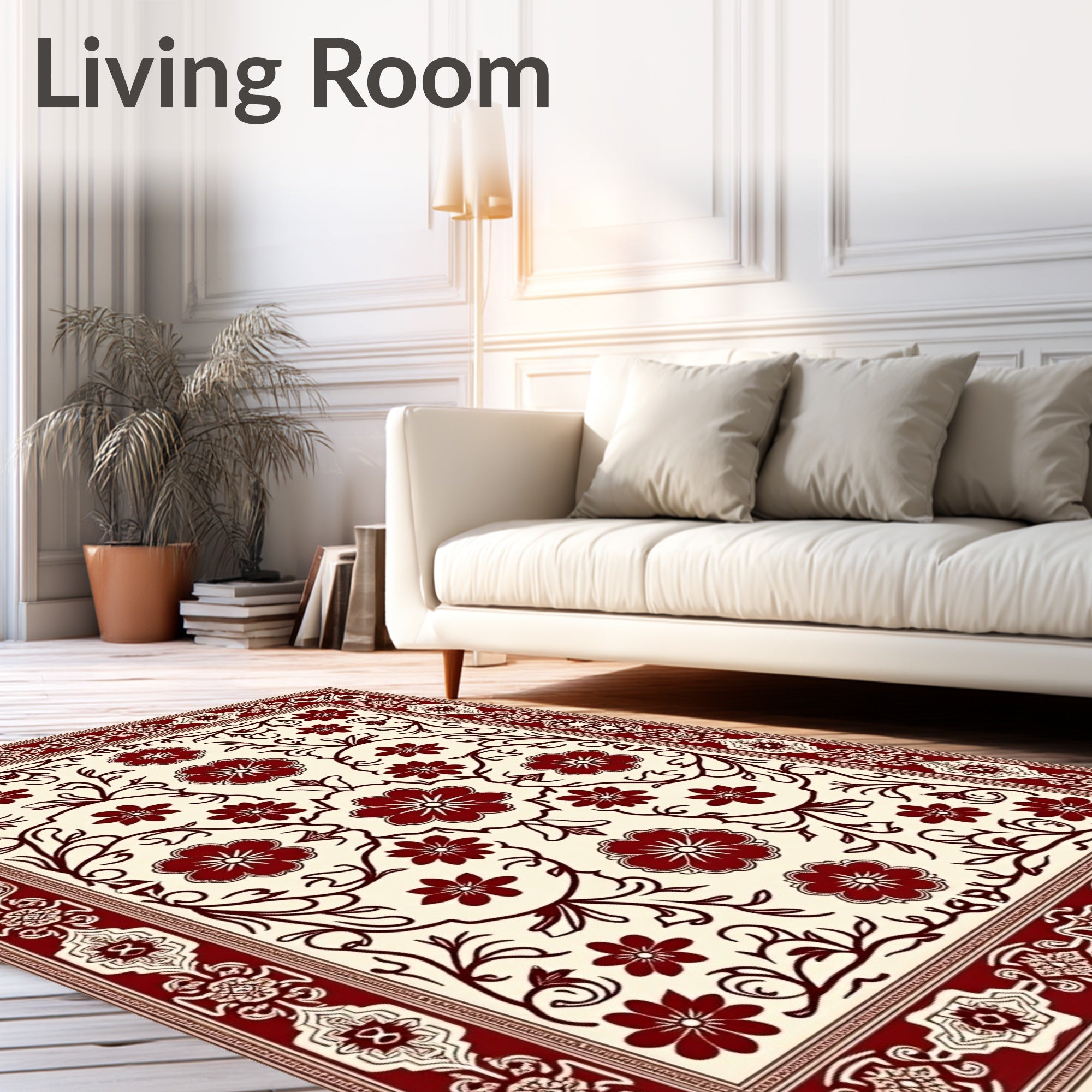 Crimson Floral Scrolling Vine Border Rug