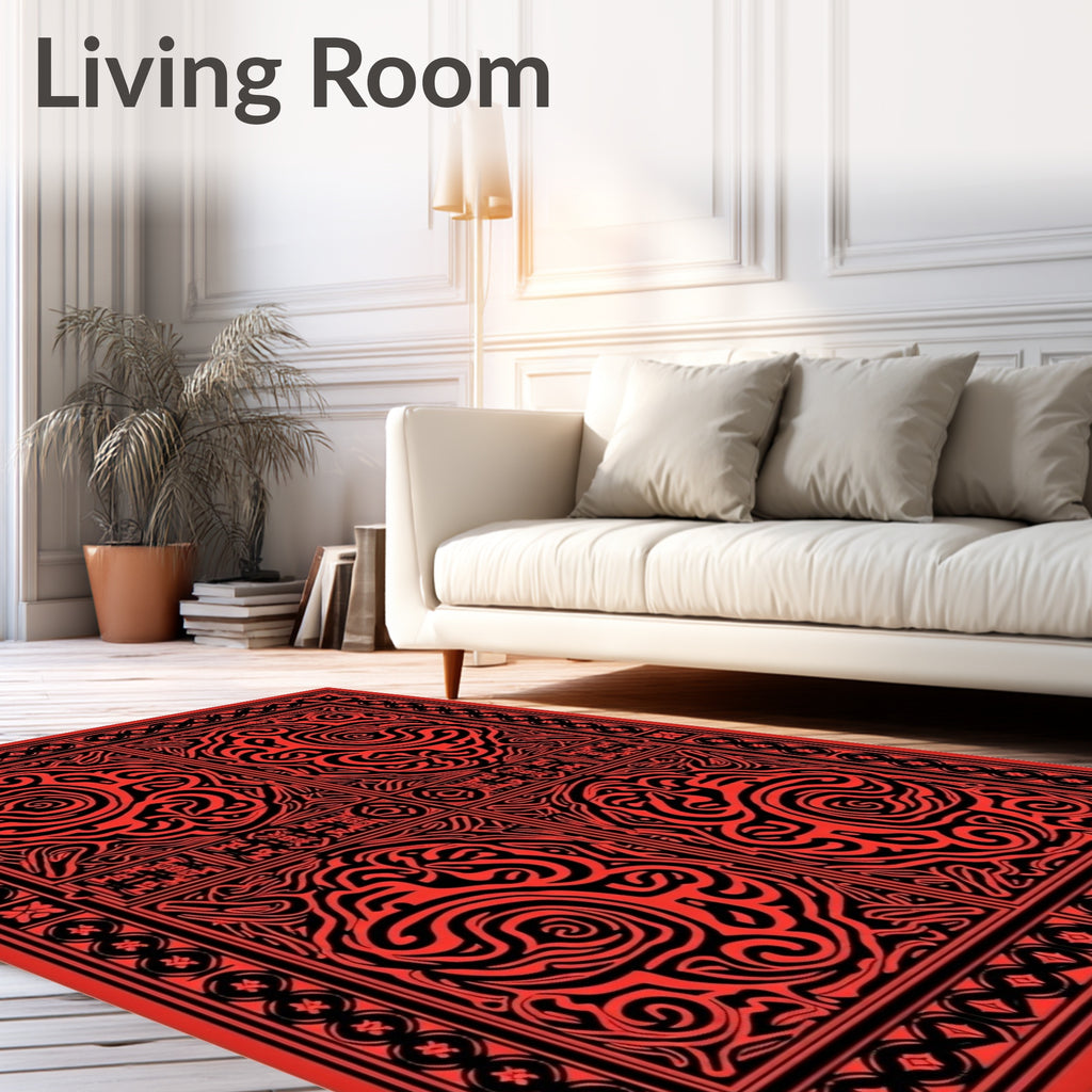 Crimson Black Ornate Scrollwork Panels Rug