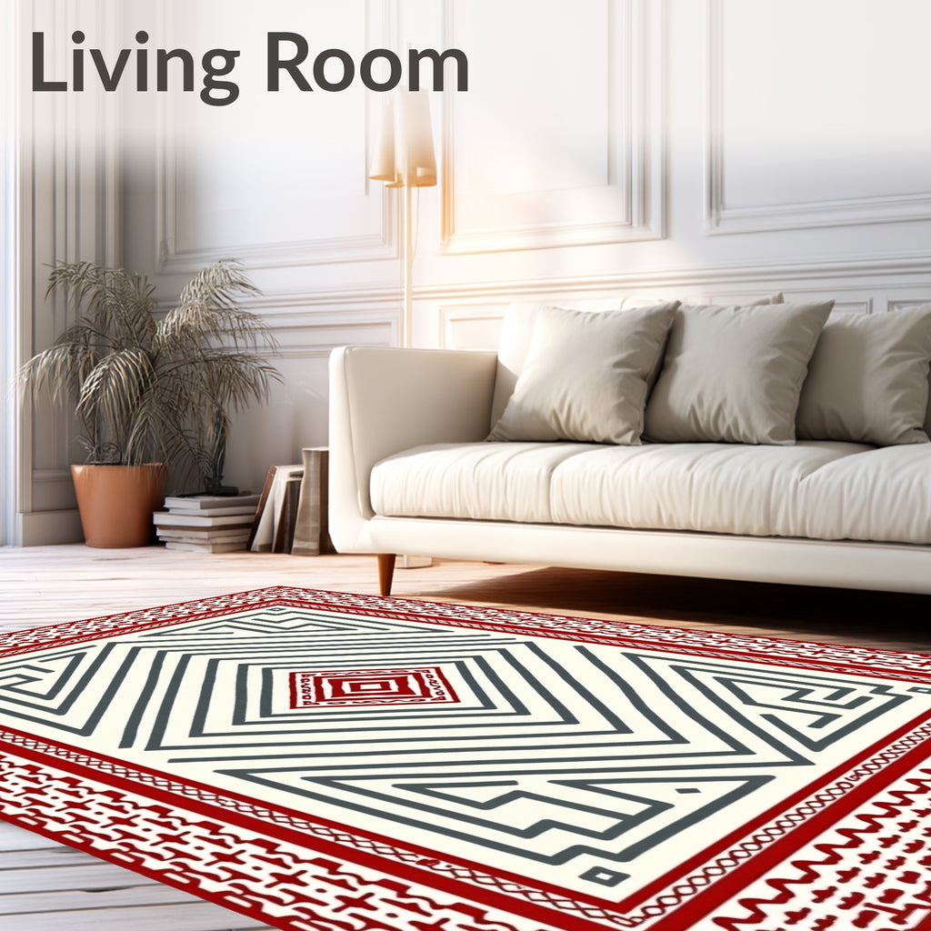 Red White Geometric Labyrinth Diamond Rug