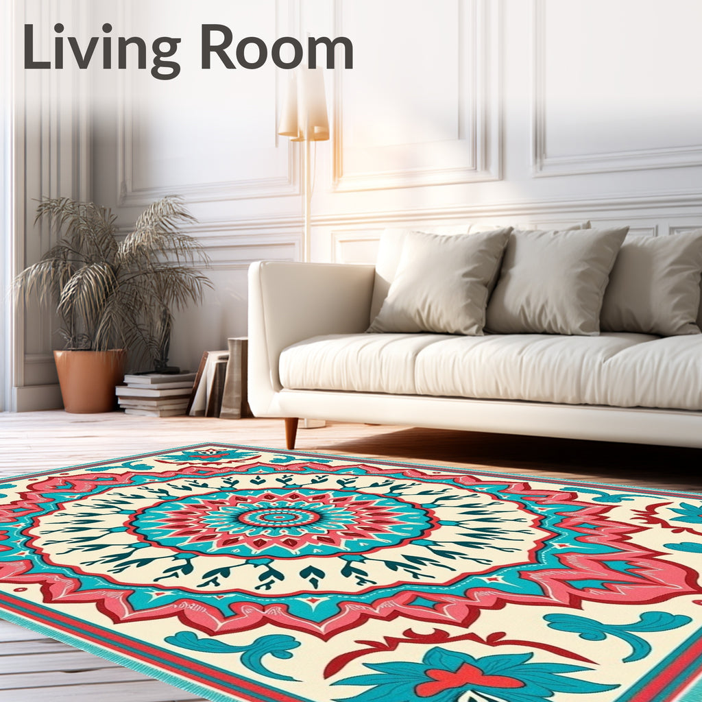 Radiant Coral Teal Floral Mandala Rug
