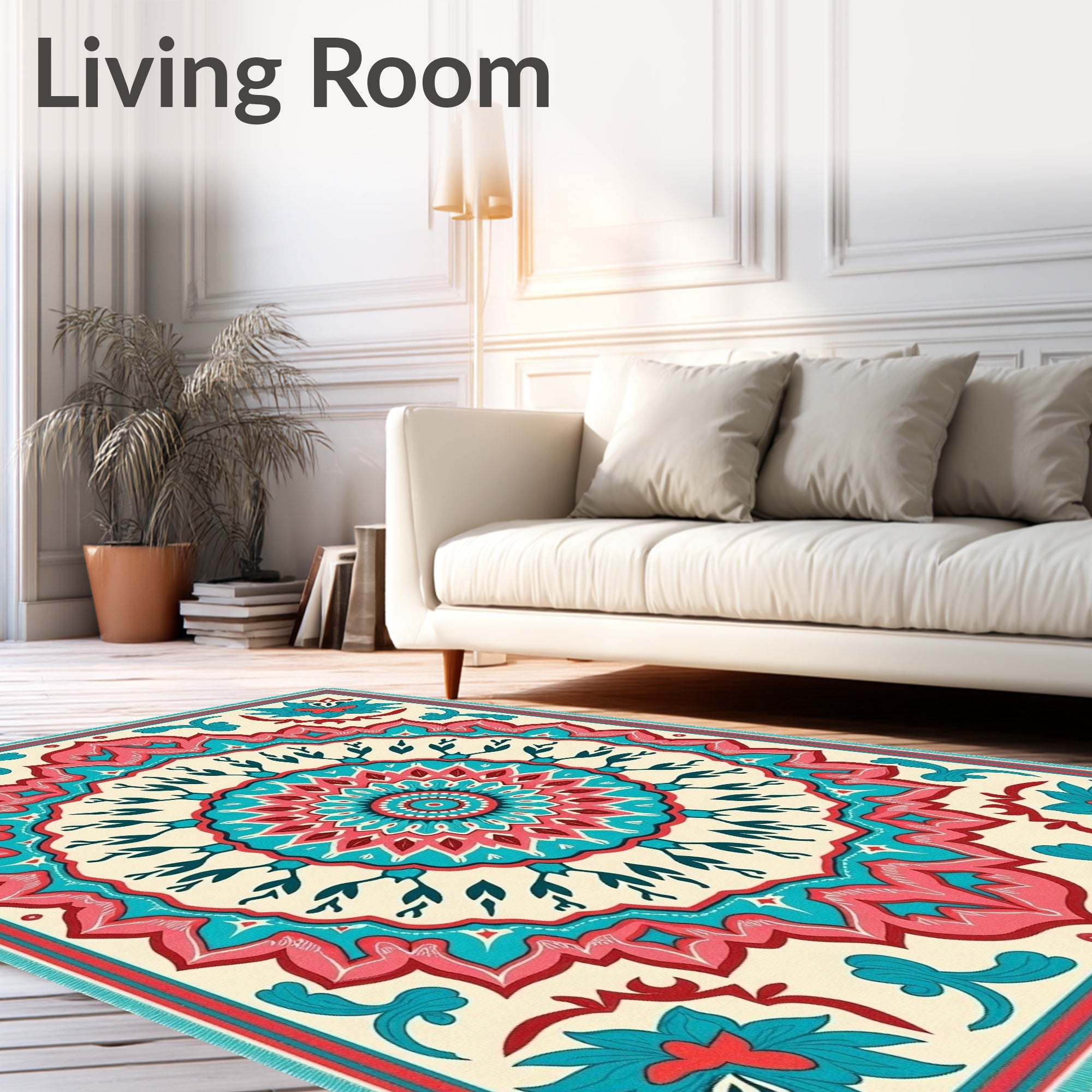 Radiant Coral Teal Floral Mandala Rug