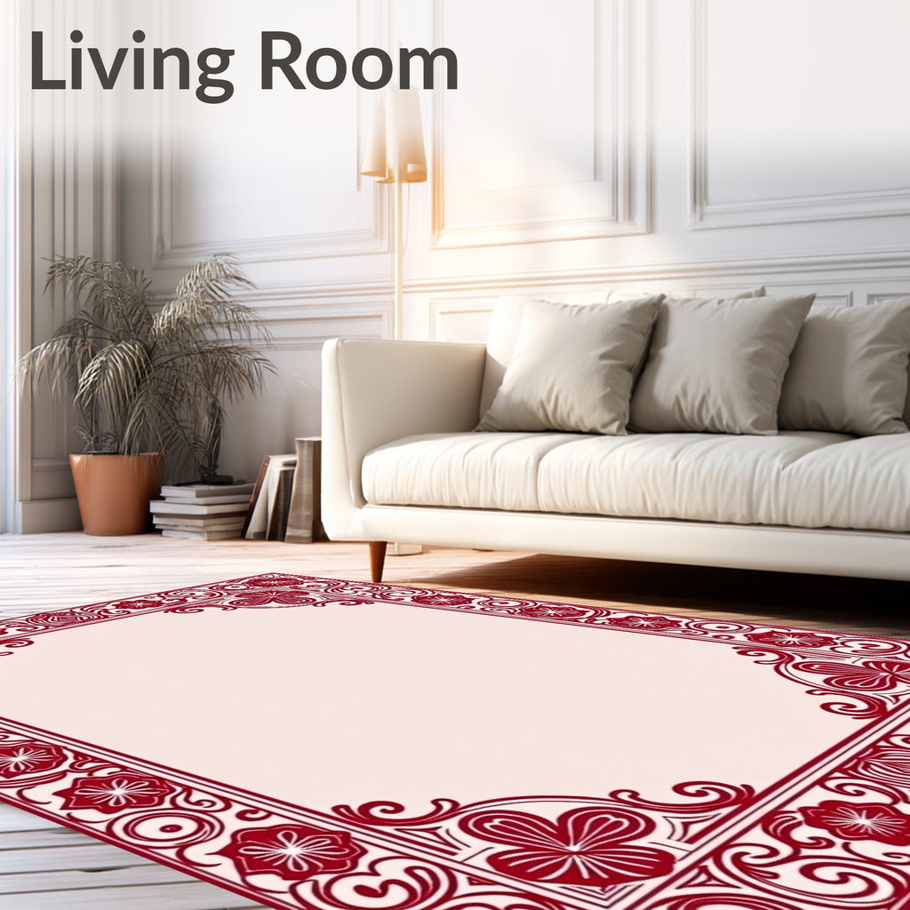 Deep Red Floral Swirls Border Rug