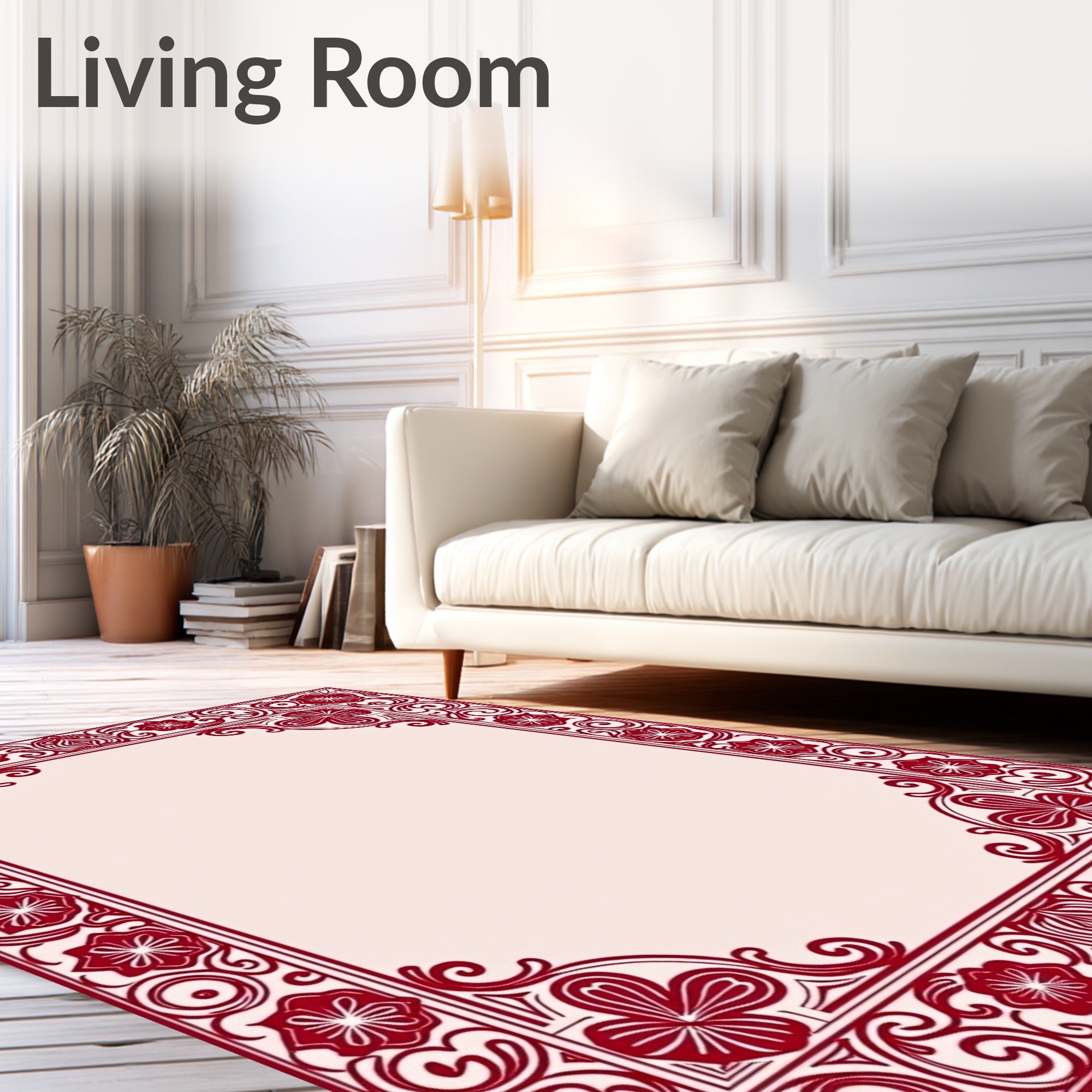 Deep Red Floral Swirls Border Rug