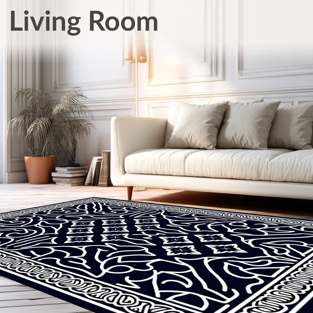 Dark Blue White Floral Medallion Mandala Rug
