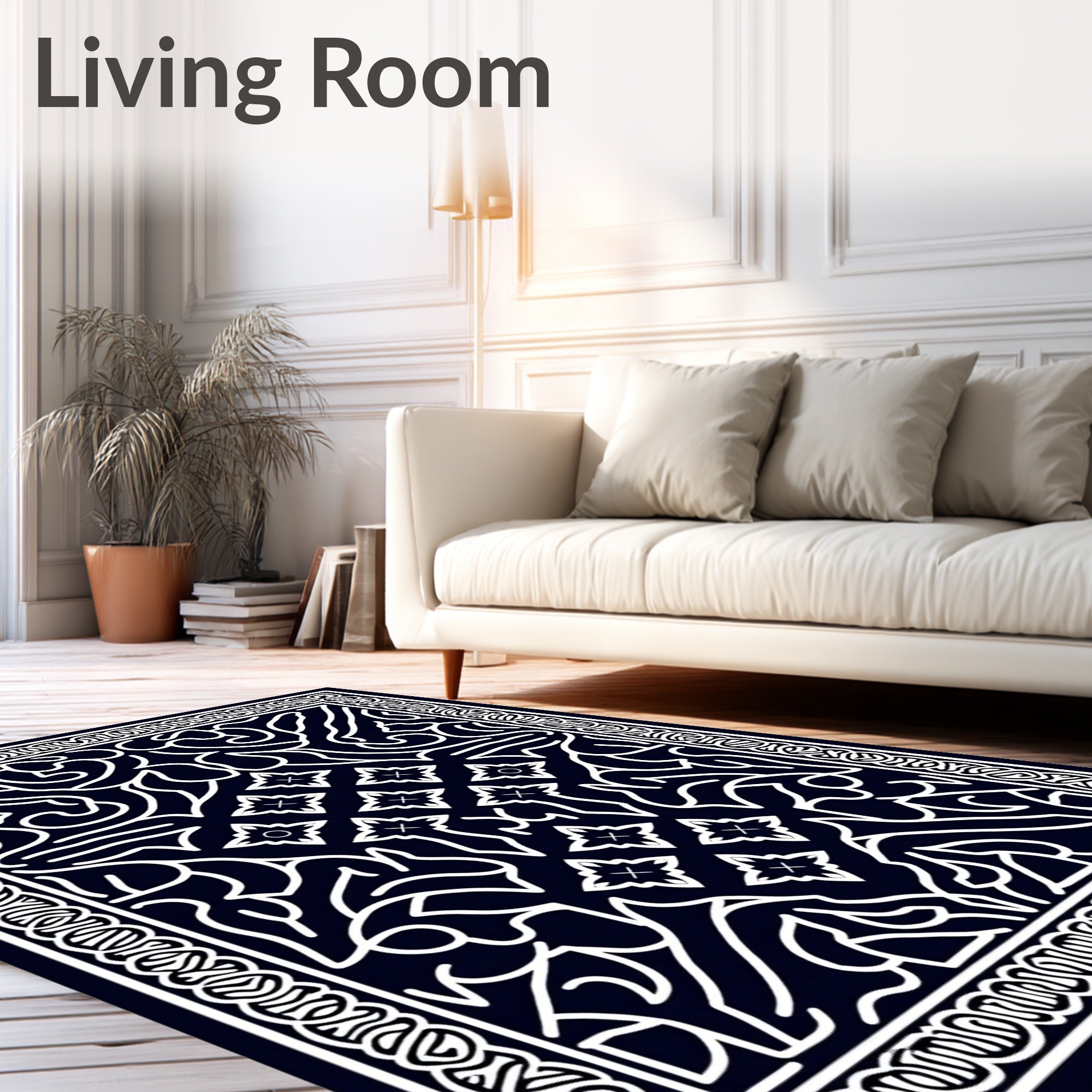 Dark Blue White Floral Medallion Mandala Rug