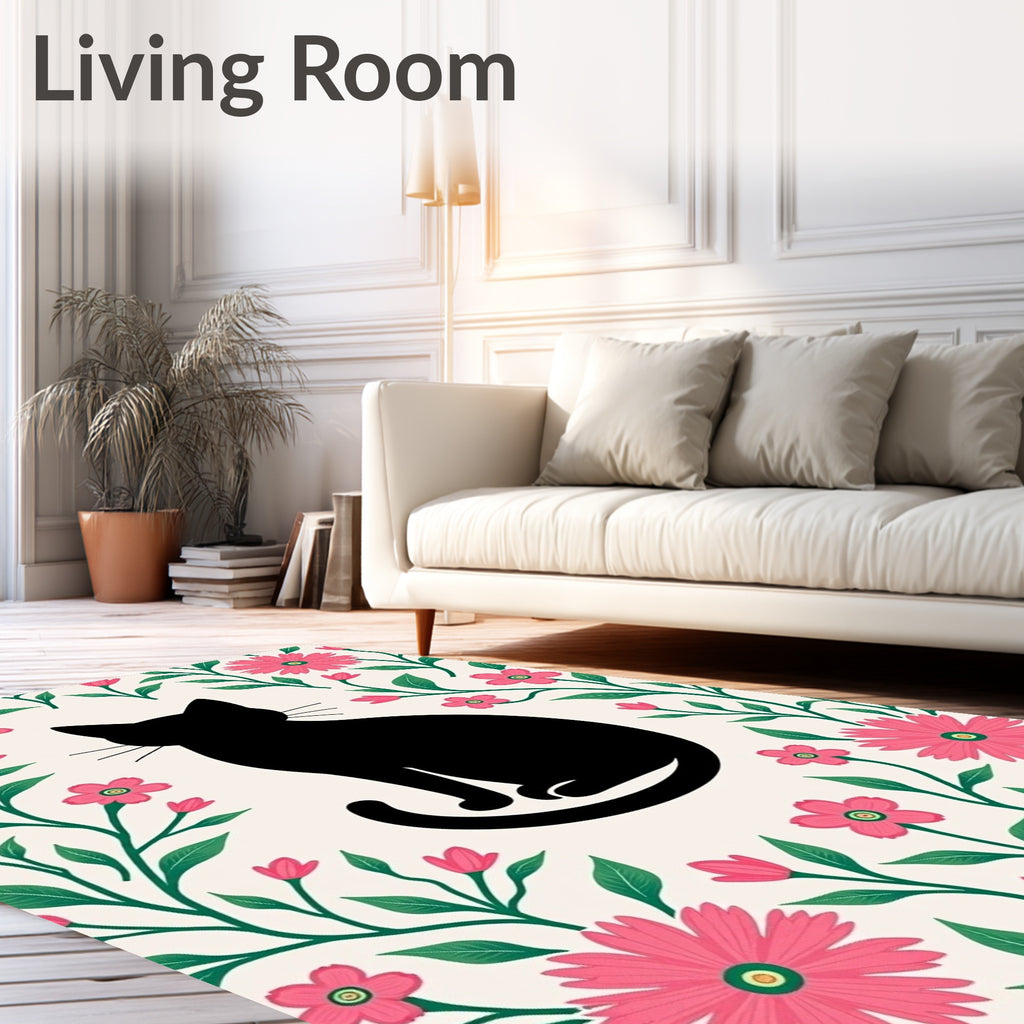 Black Cat Pink Floral Garland Rug
