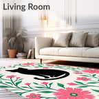 Black Cat Pink Floral Garland Rug