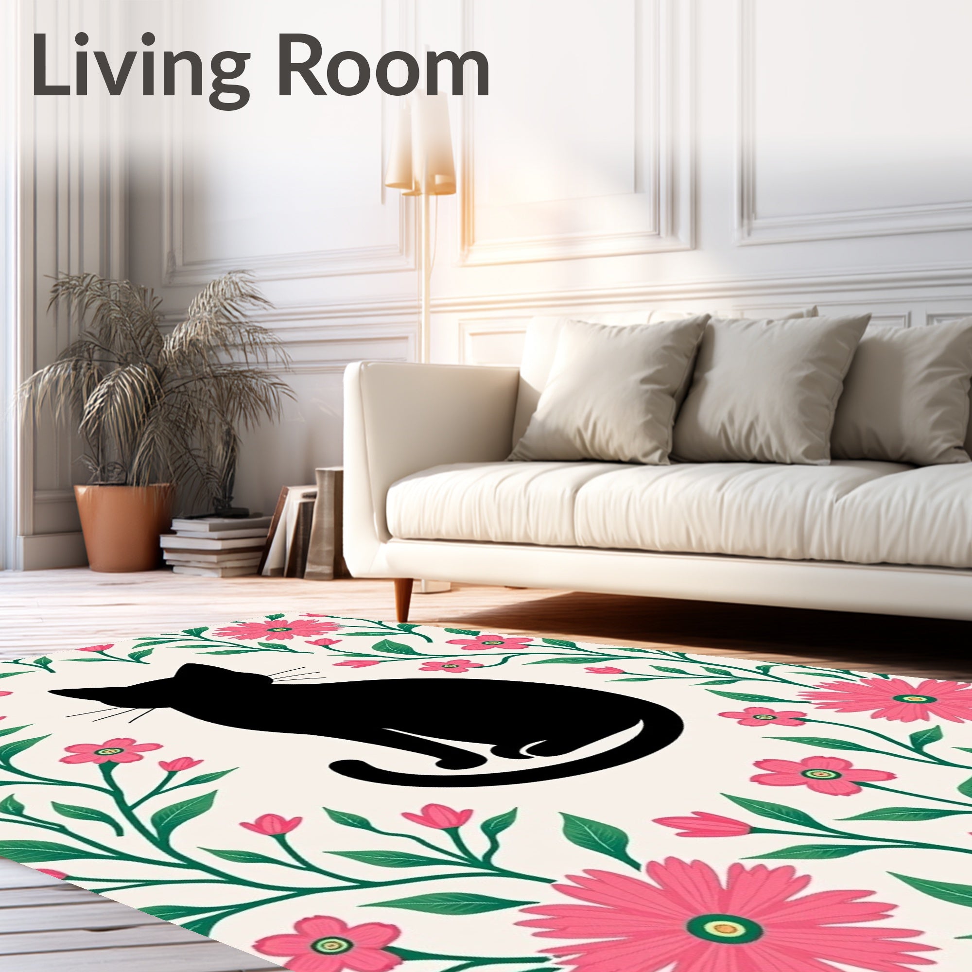 Black Cat Pink Floral Garland Rug