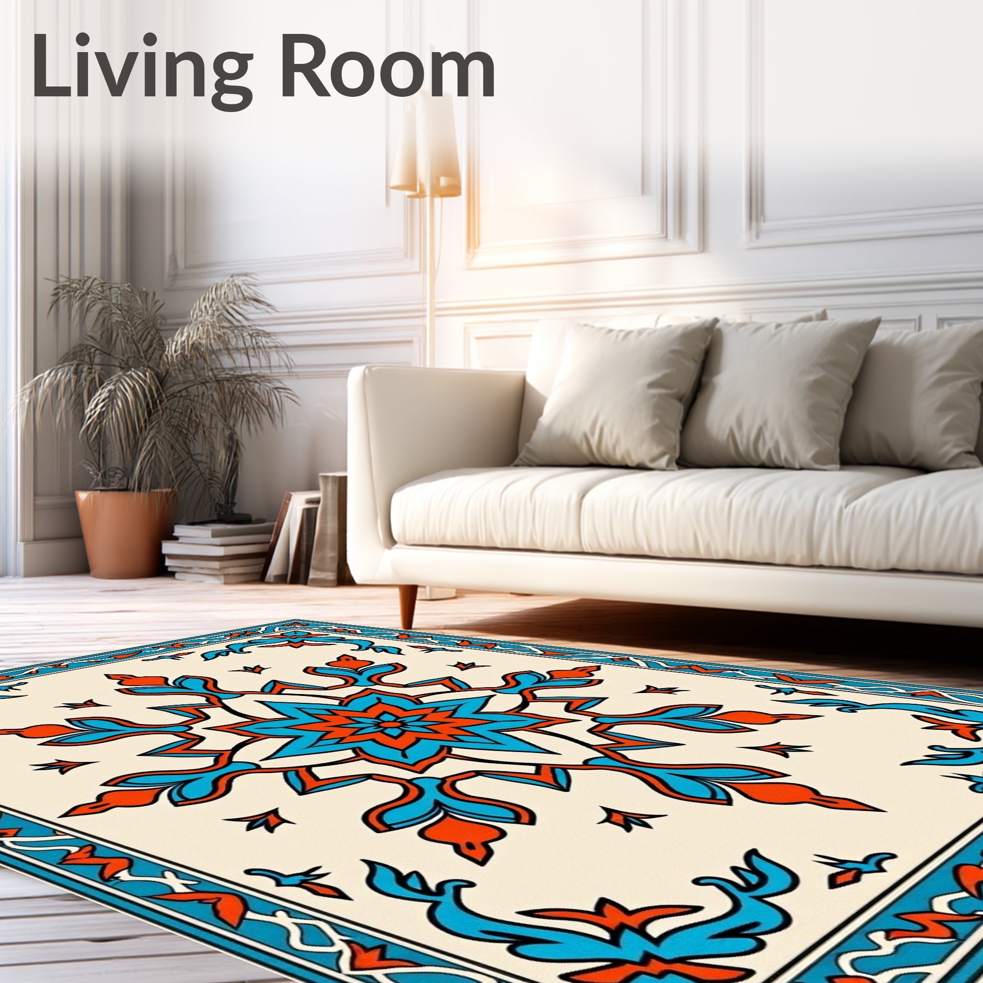 Aqua Coral Floral Medallion Border Rug