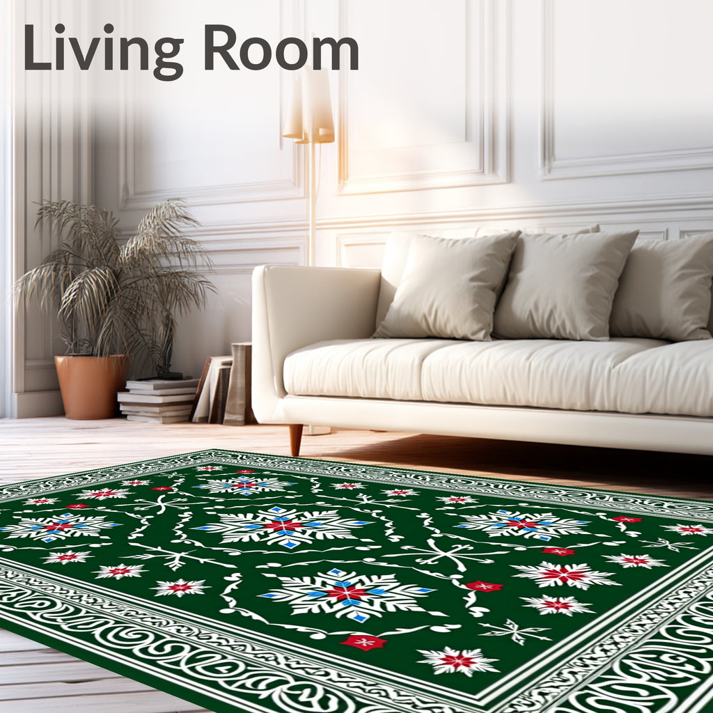 Emerald White Snowflake Medallion Borders Rug