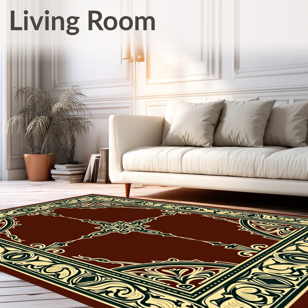 Crimson Ivory Floral Scrollwork Border Rug