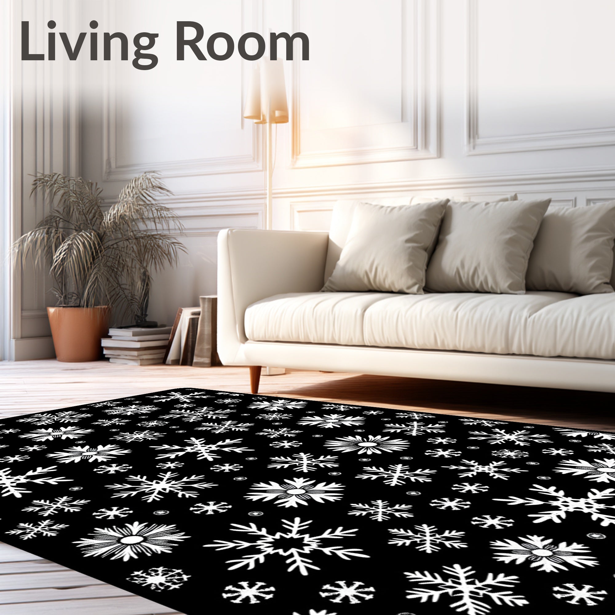 Dazzling White Snowflakes on Black Rug
