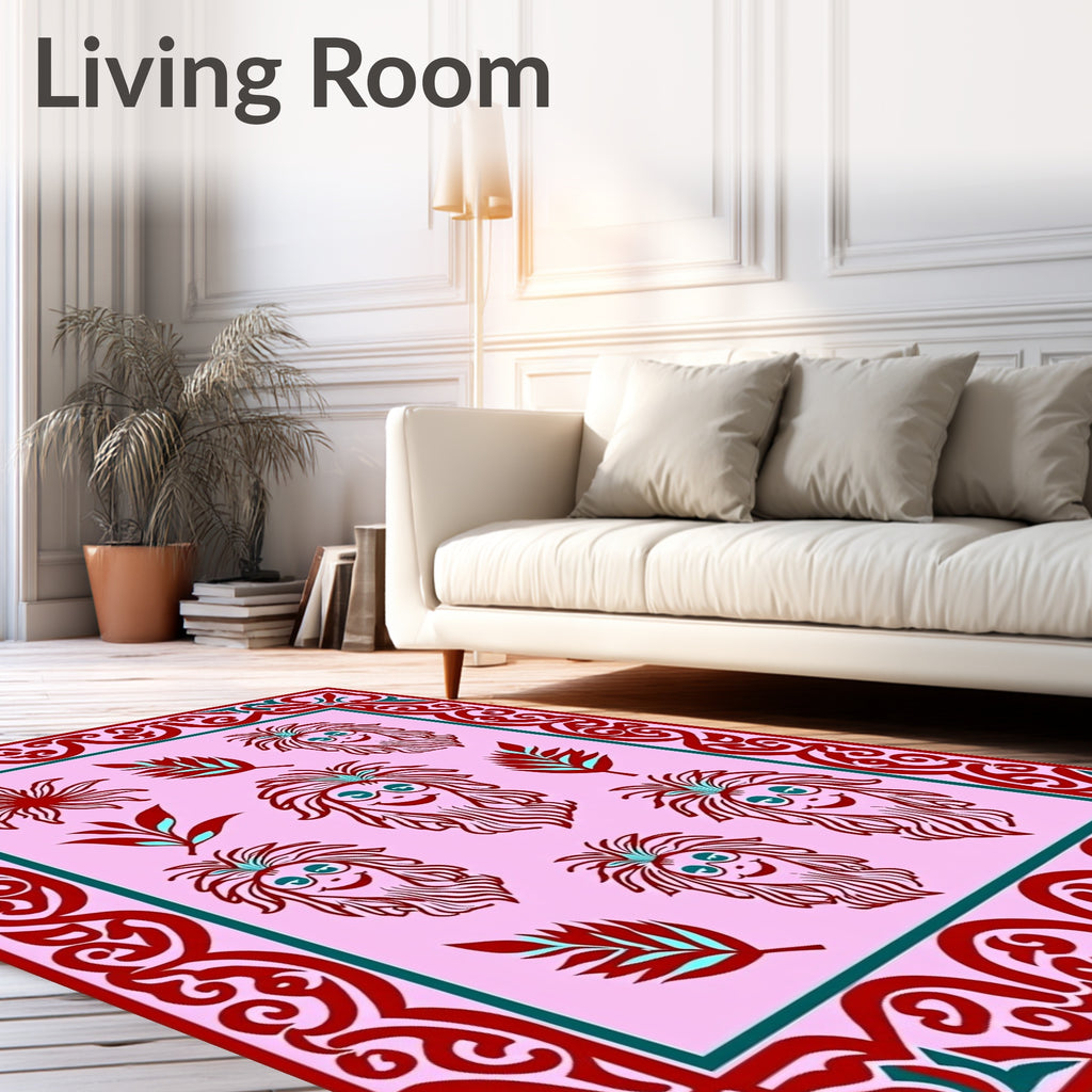 Whimsical Crimson Faces Floral Border Rug