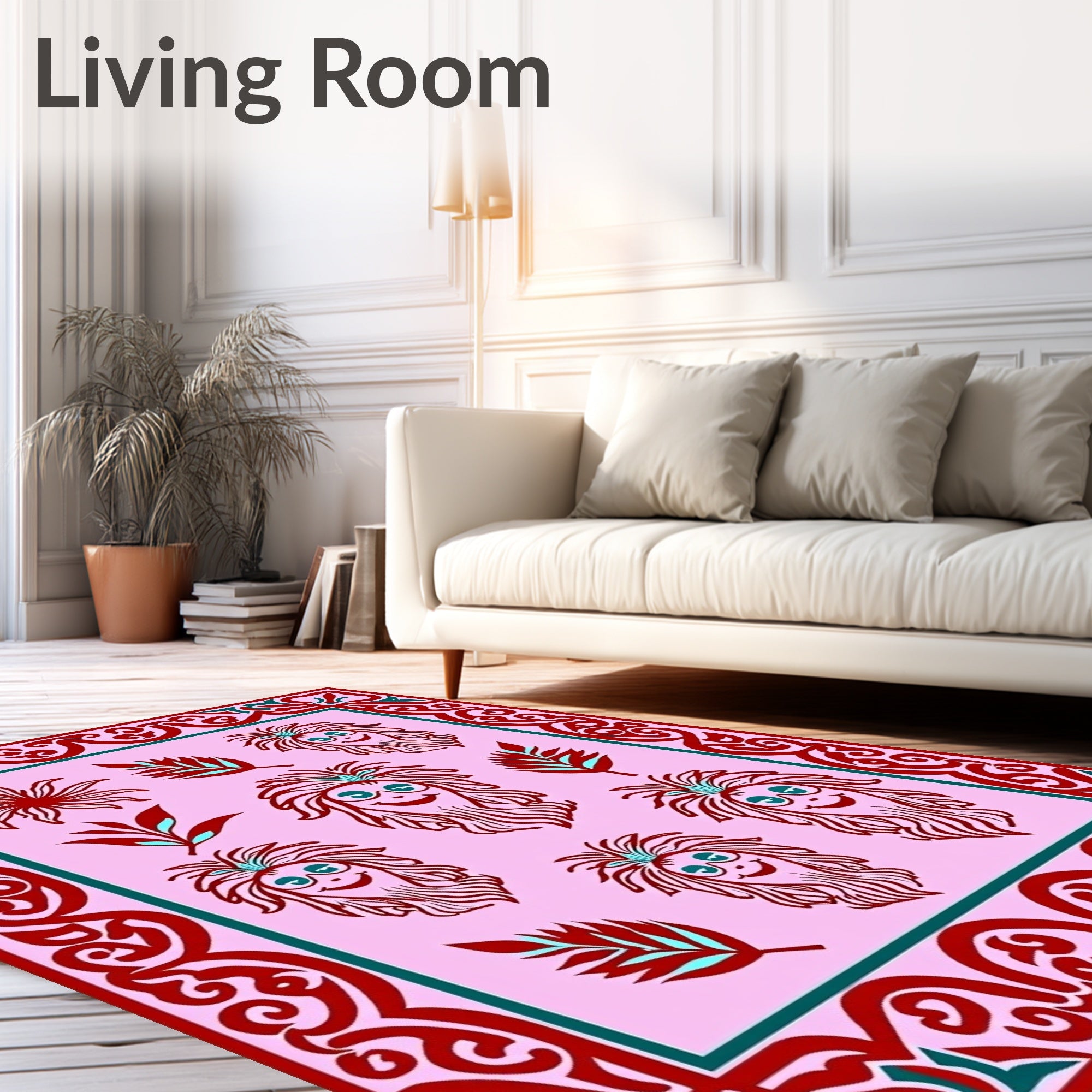 Whimsical Crimson Faces Floral Border Rug