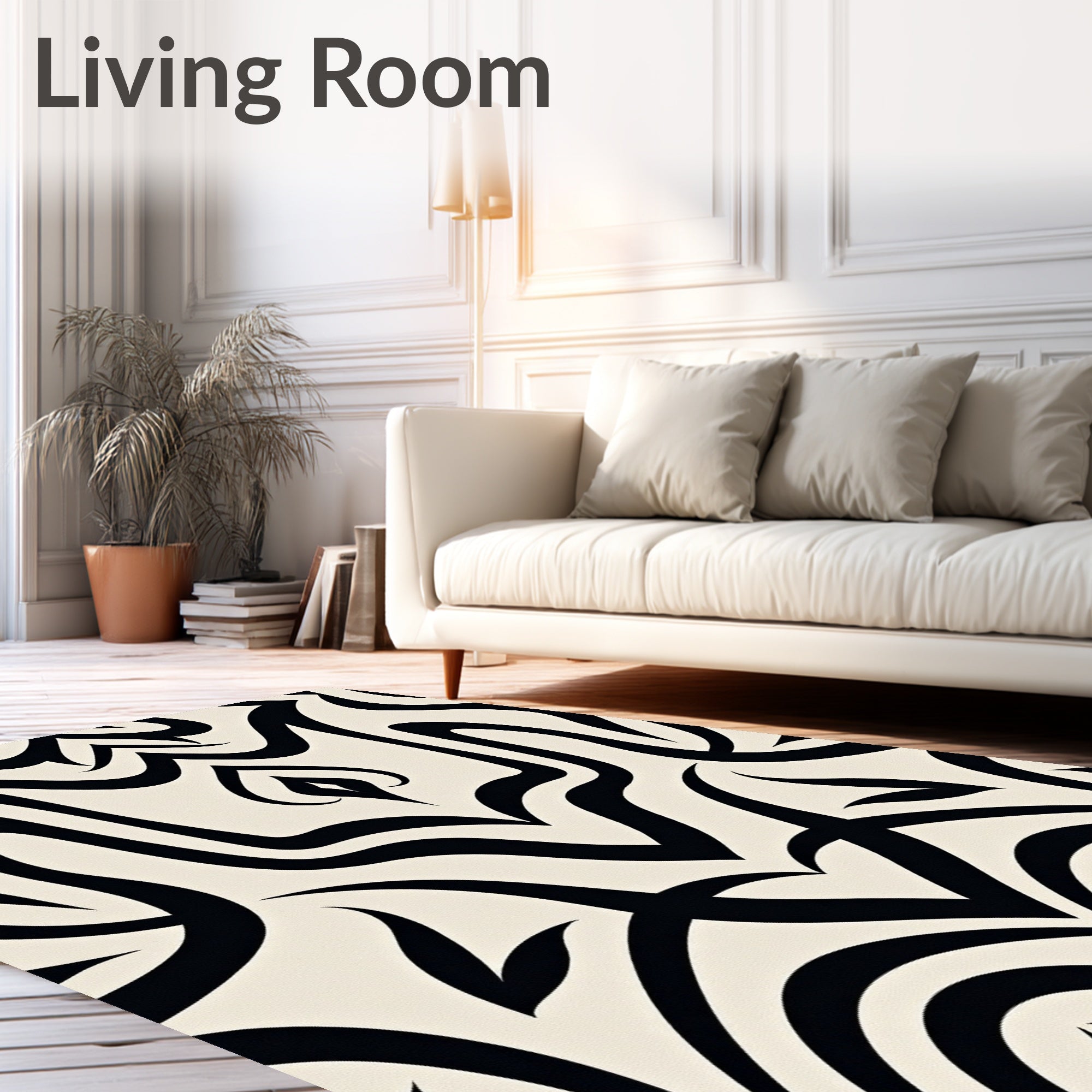 Black and Cream Abstract Organic Swirls Rug