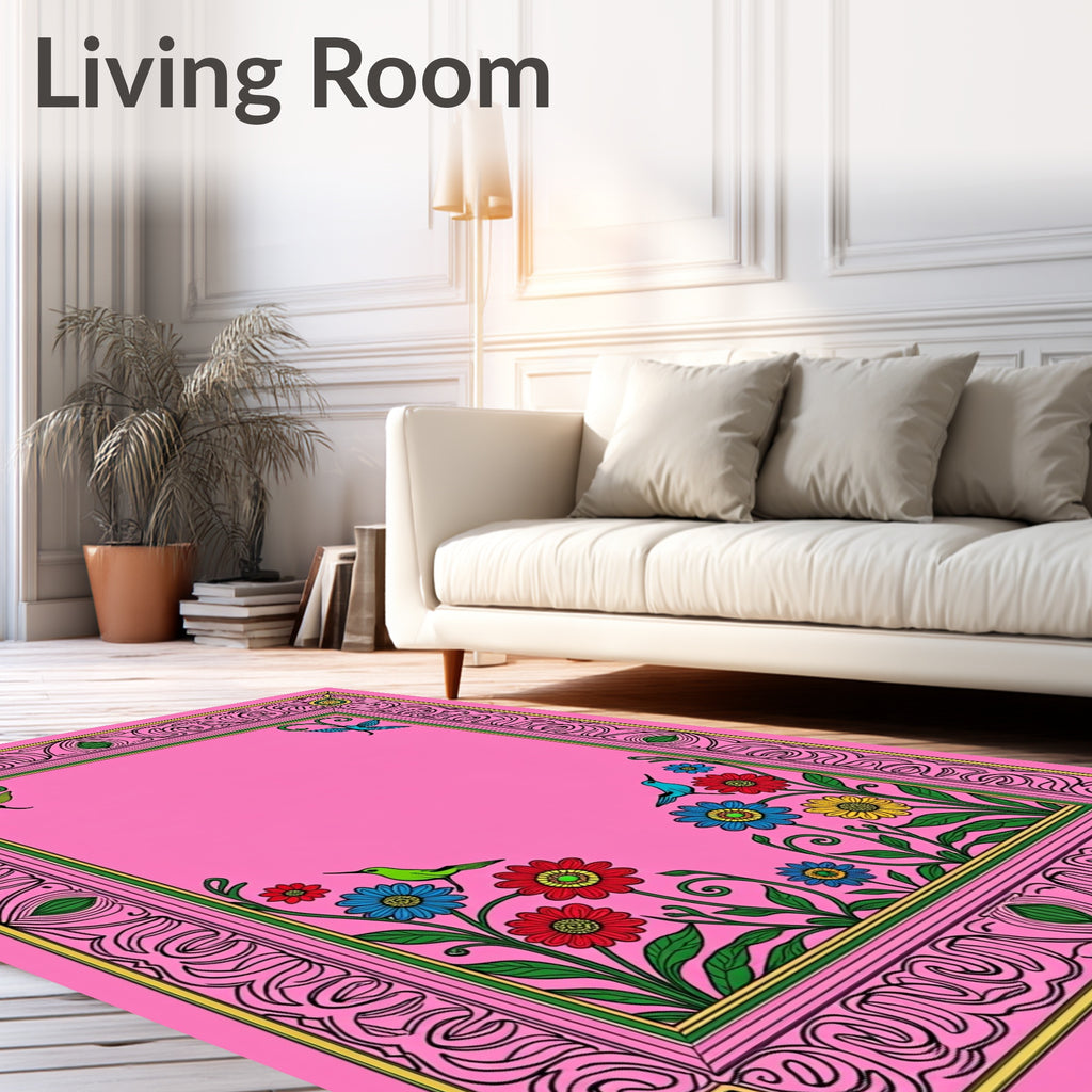 Pink Floral Hummingbird Garden Frame Rug