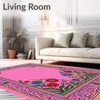Pink Floral Hummingbird Garden Frame Rug