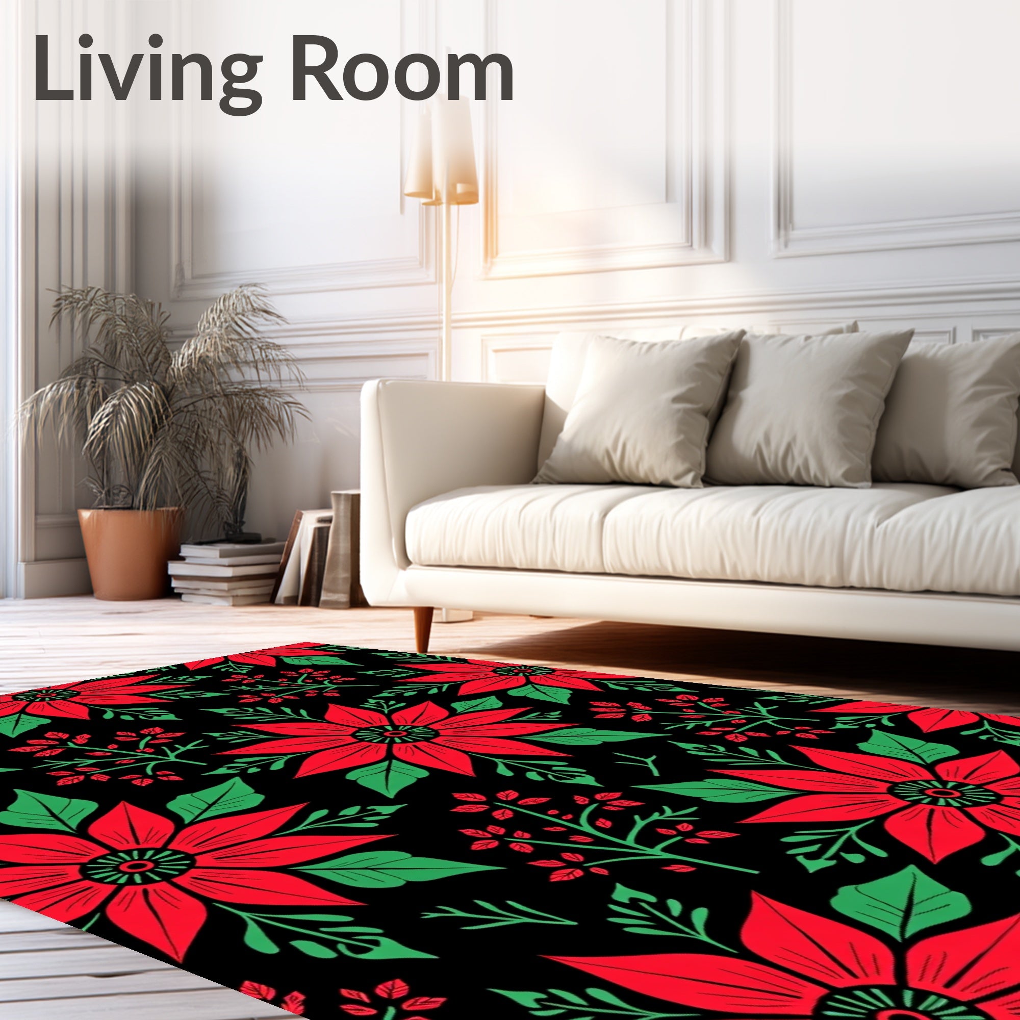 Bold Red Floral Branches Black Rug