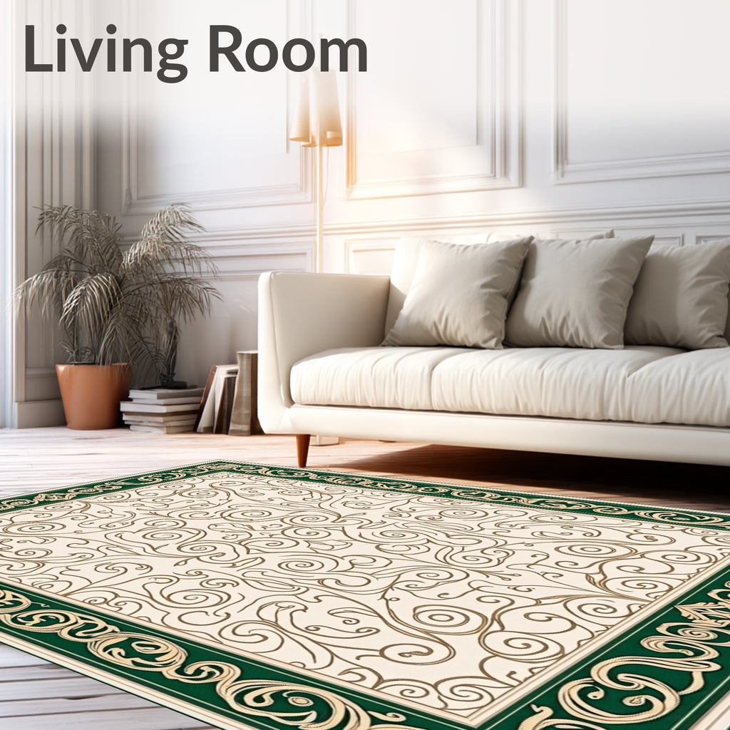 Emerald Green Gold Scrollwork Medallion Rug