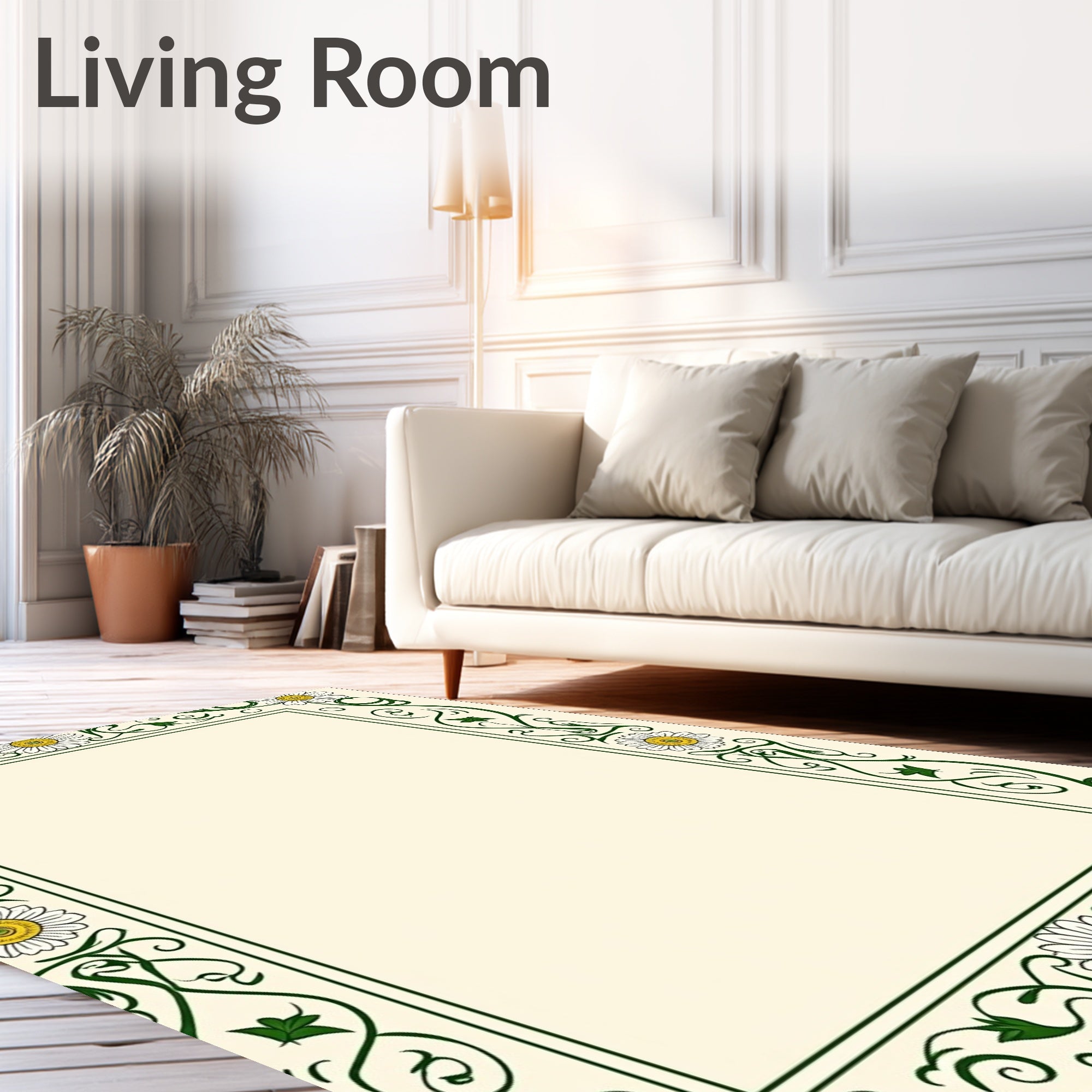 Cream Green Daisy Art Nouveau Border Rug