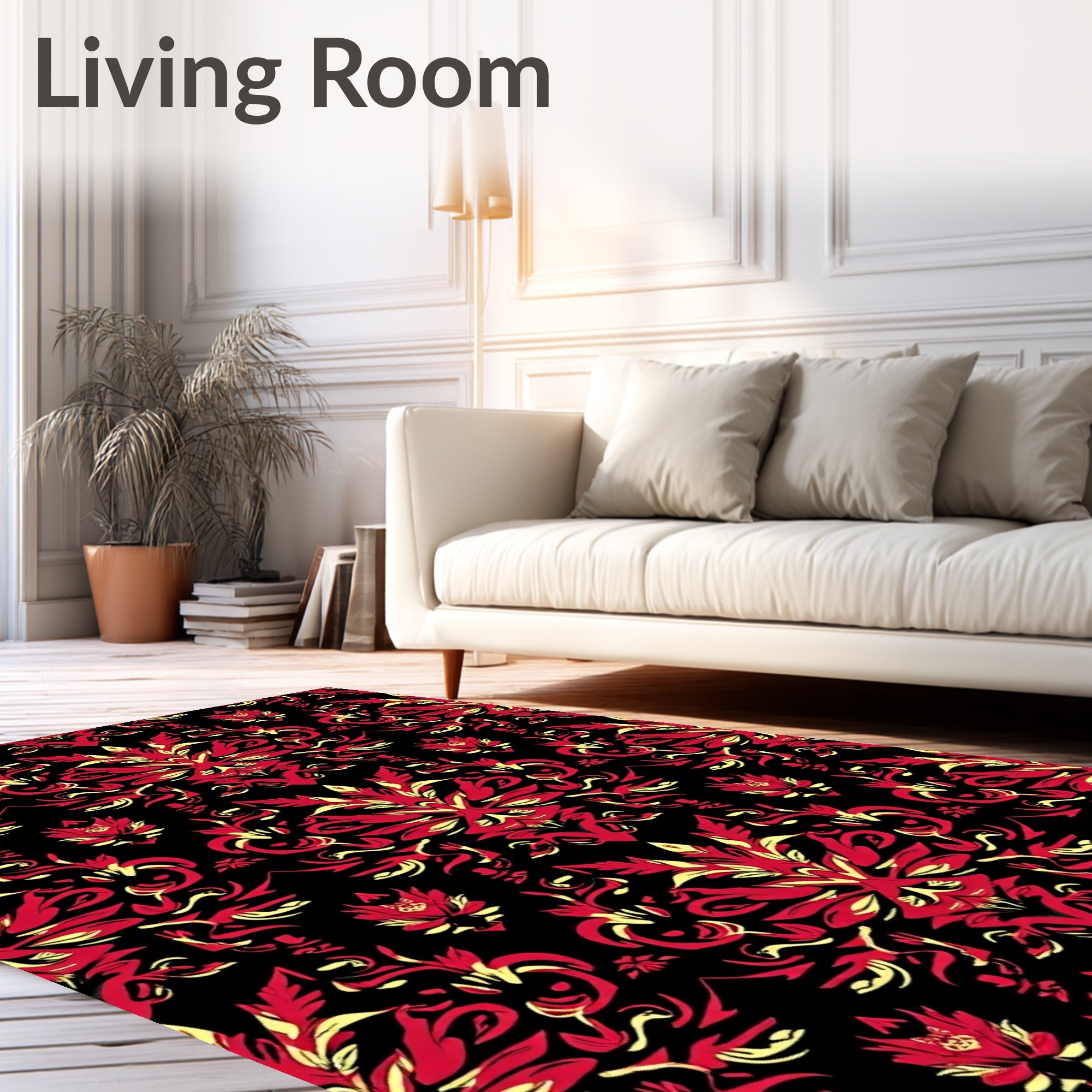 Rich Red Black Curving Floral Rhapsody Rug