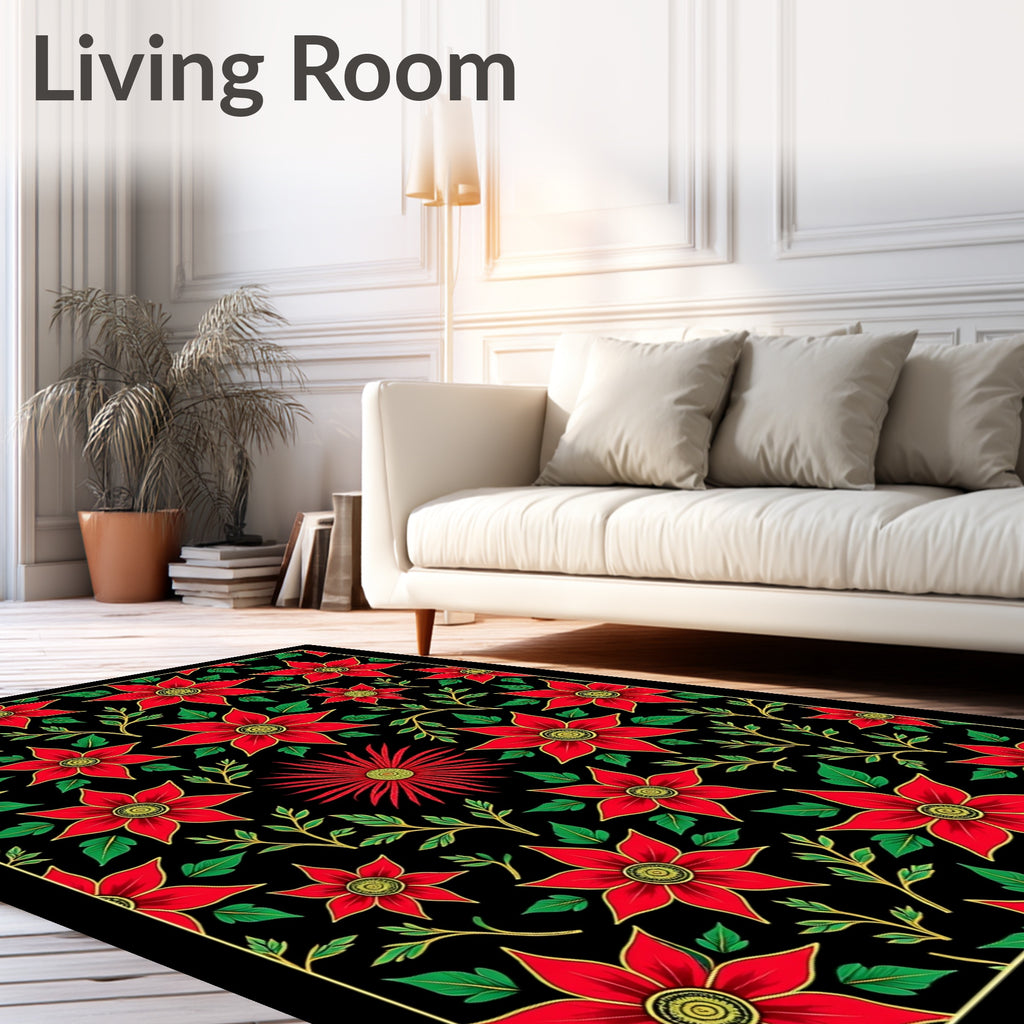 Vibrant Red Floral Garden Black Rug