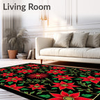 Vibrant Red Floral Garden Black Rug