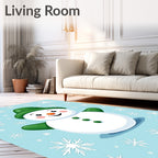 Joyful Snowman Green Hat Snowflakes Rug
