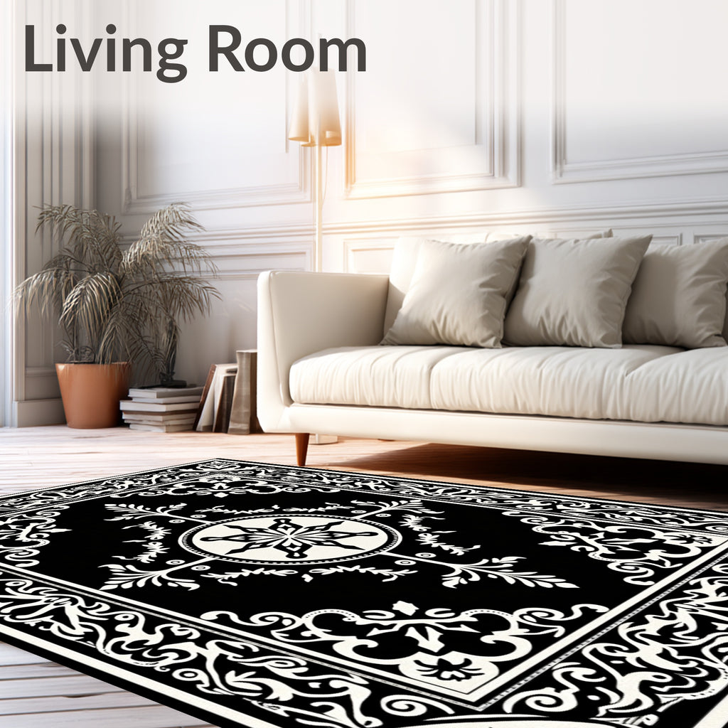 Classic Black White Scroll Medallion Rug