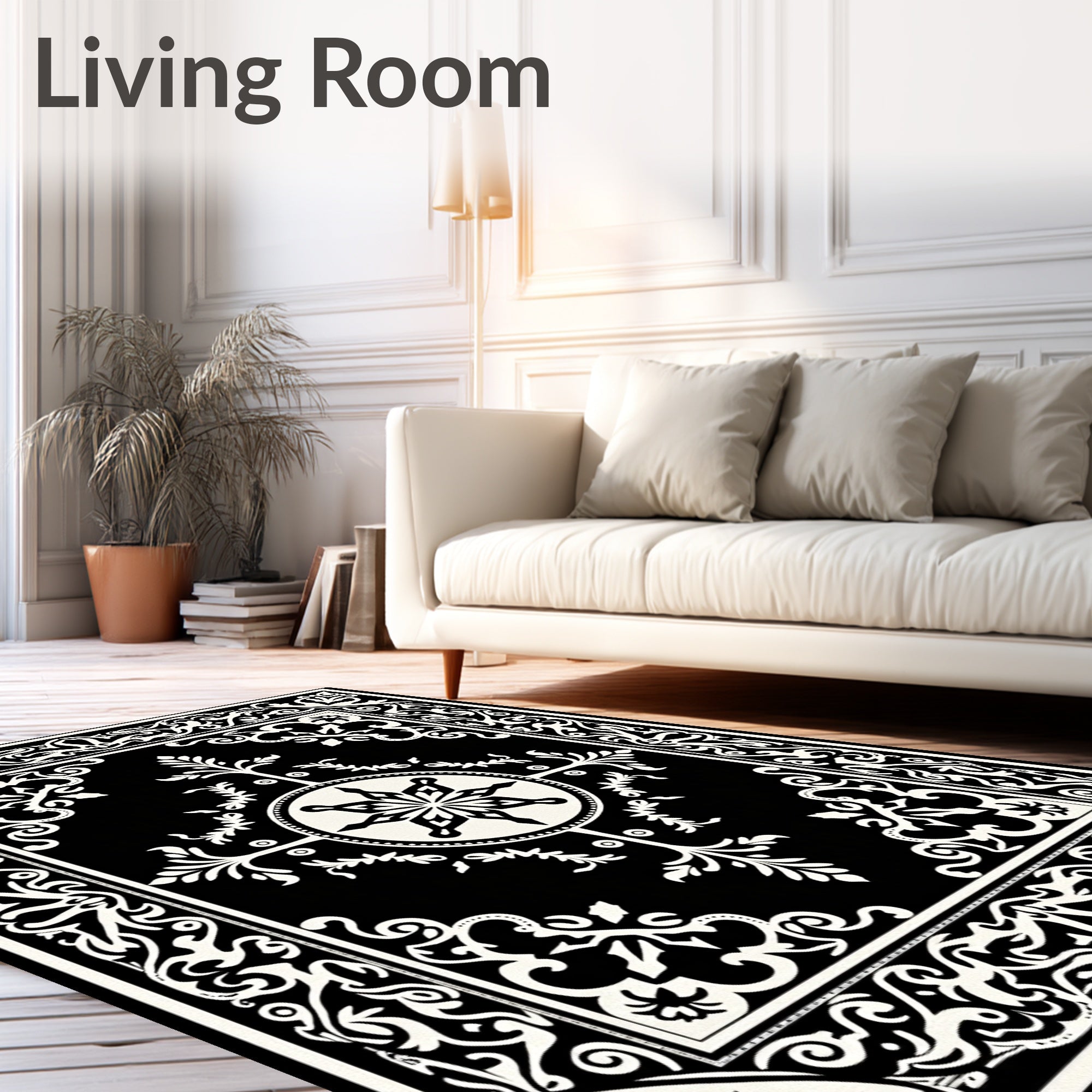 Classic Black White Scroll Medallion Rug