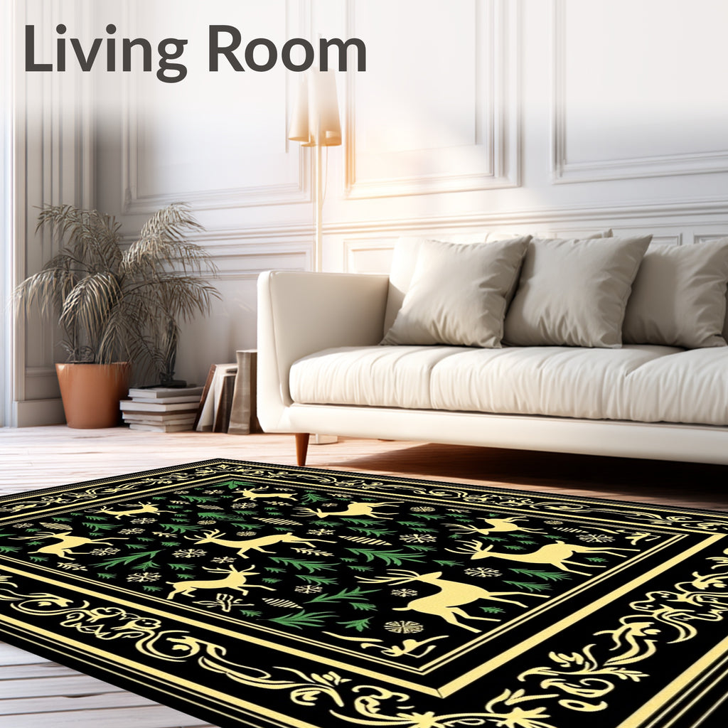 Golden Reindeer Pine Forest Border Rug