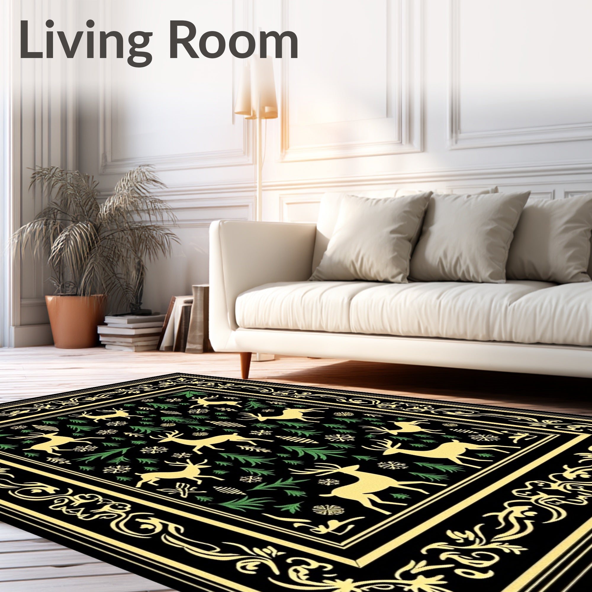 Golden Reindeer Pine Forest Border Rug