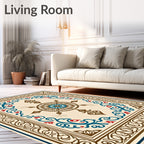 Cream Brown Blue Red Floral Medallion Rug