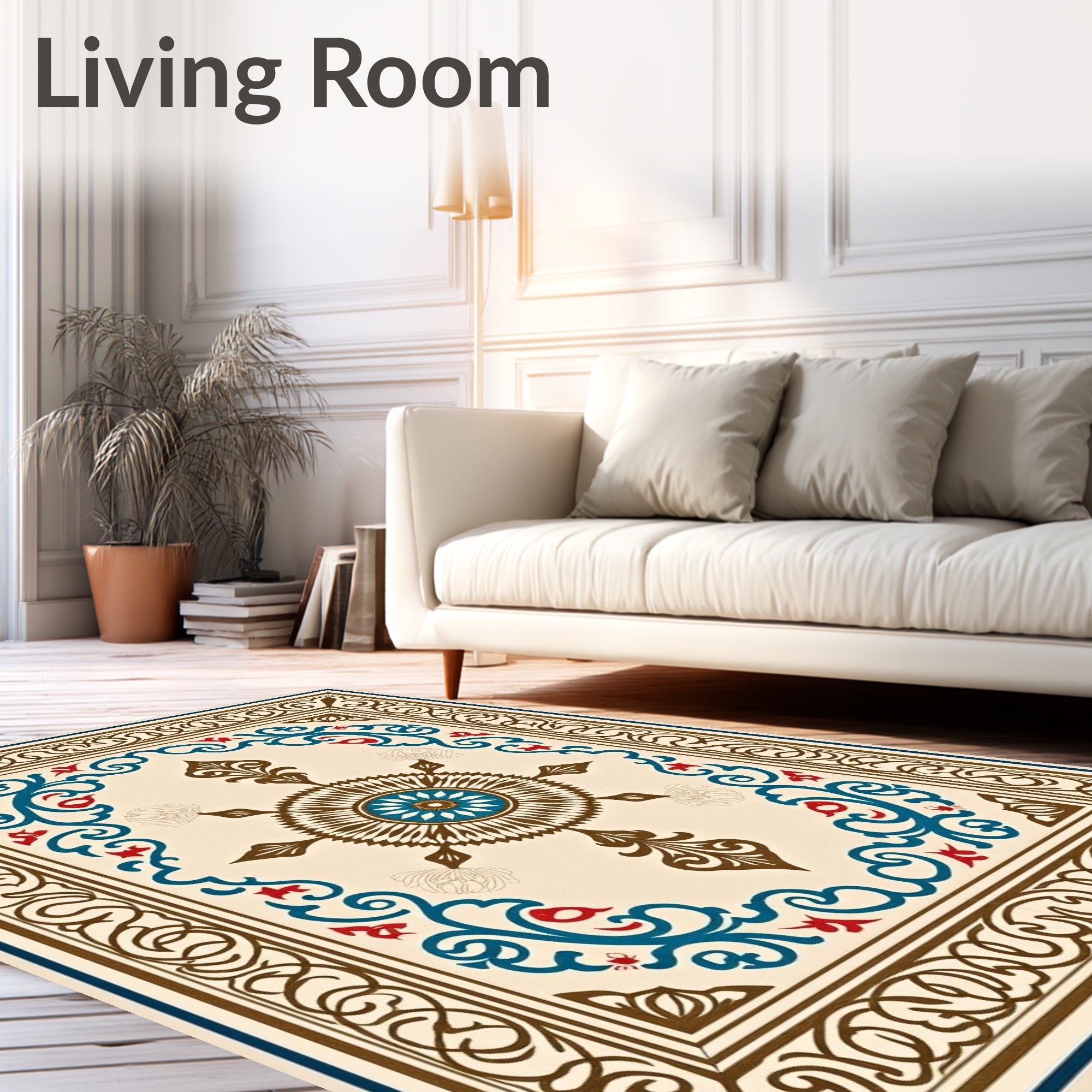 Cream Brown Blue Red Floral Medallion Rug