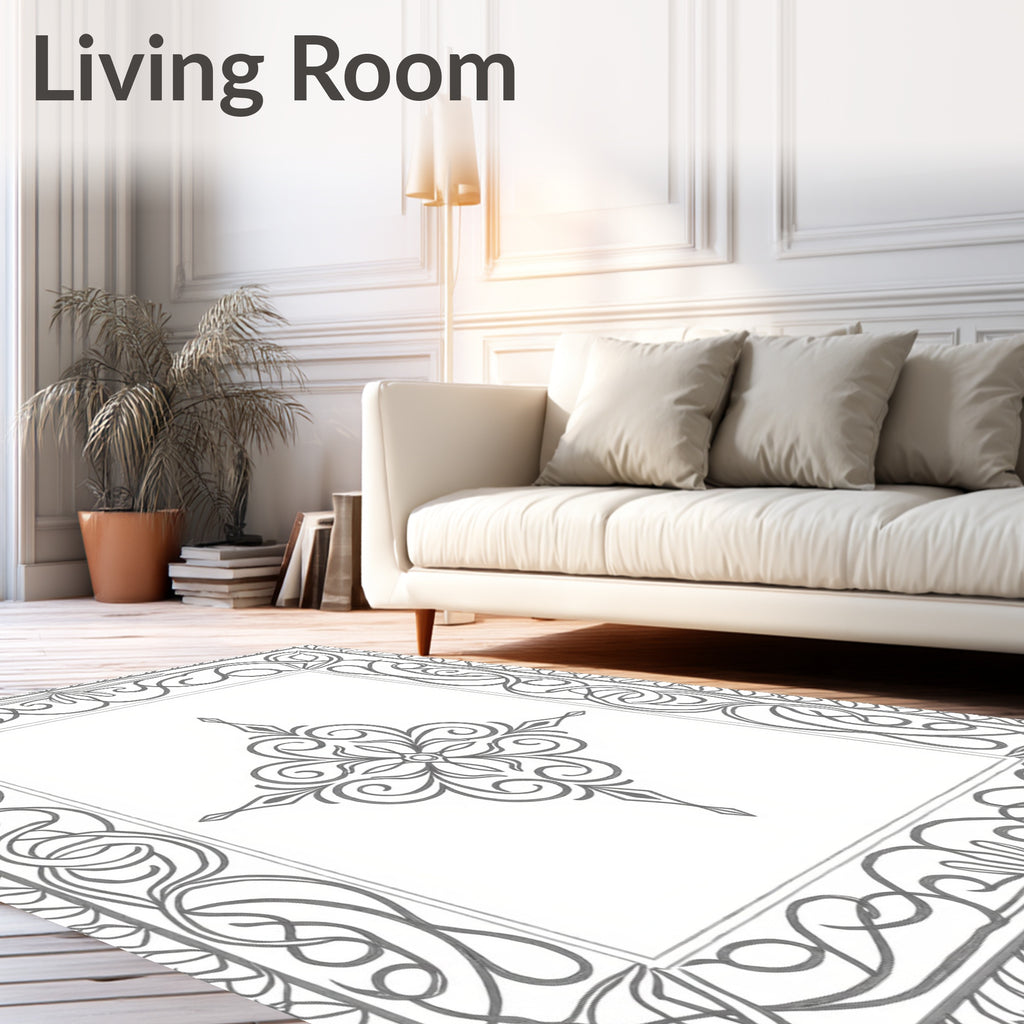Ornate Gray Scrollwork Medallion Border Rug