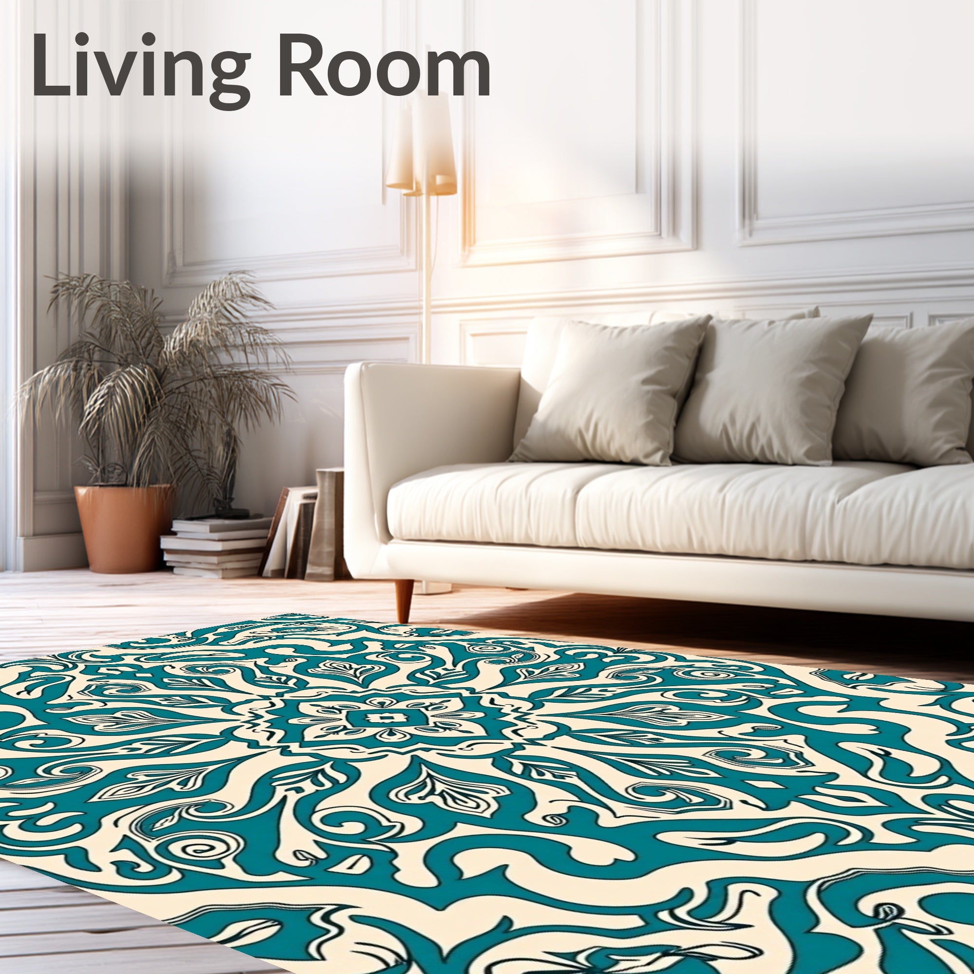 Teal Ivory Floral Mandala Rug
