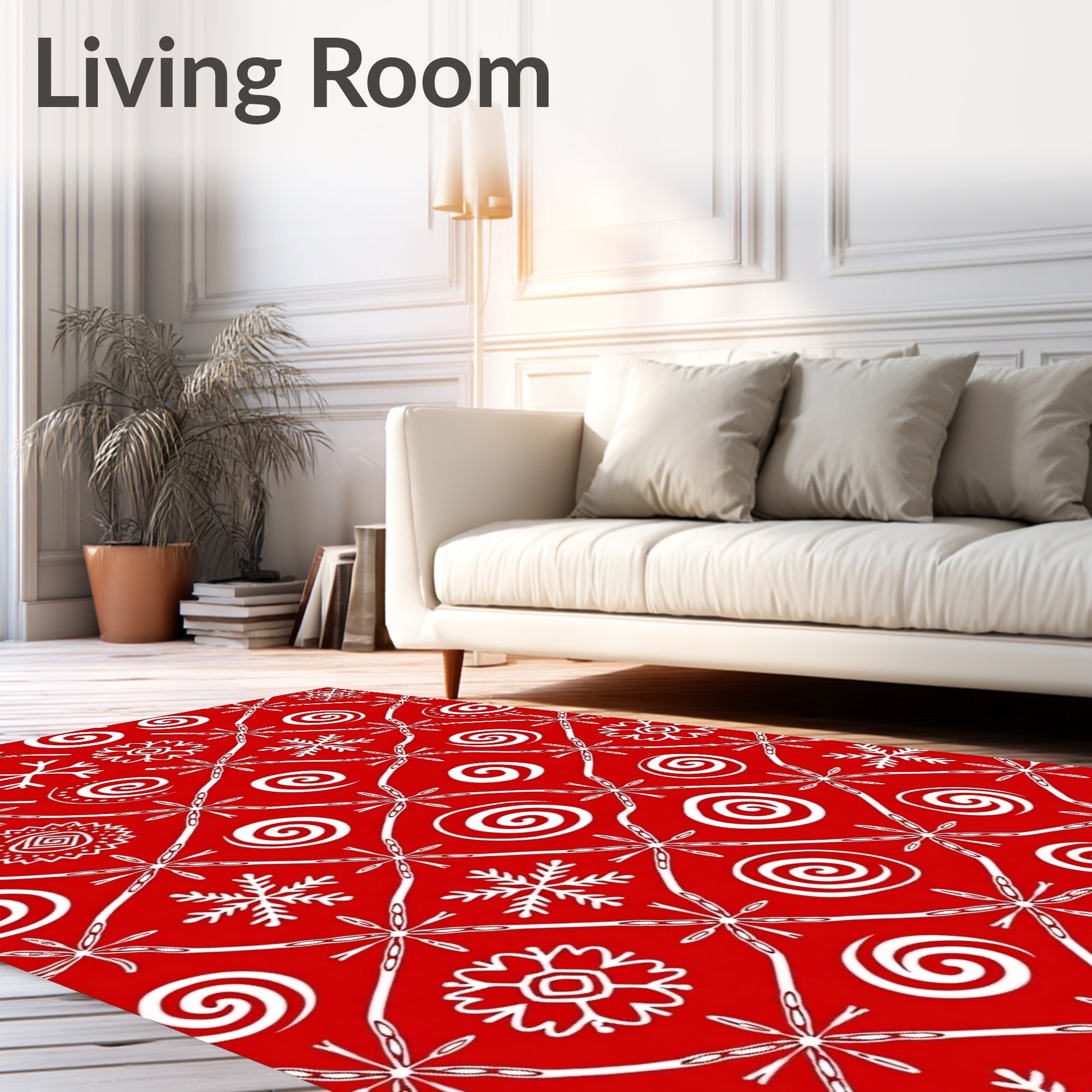 Red White Snowflake Spiral Medallion Rug